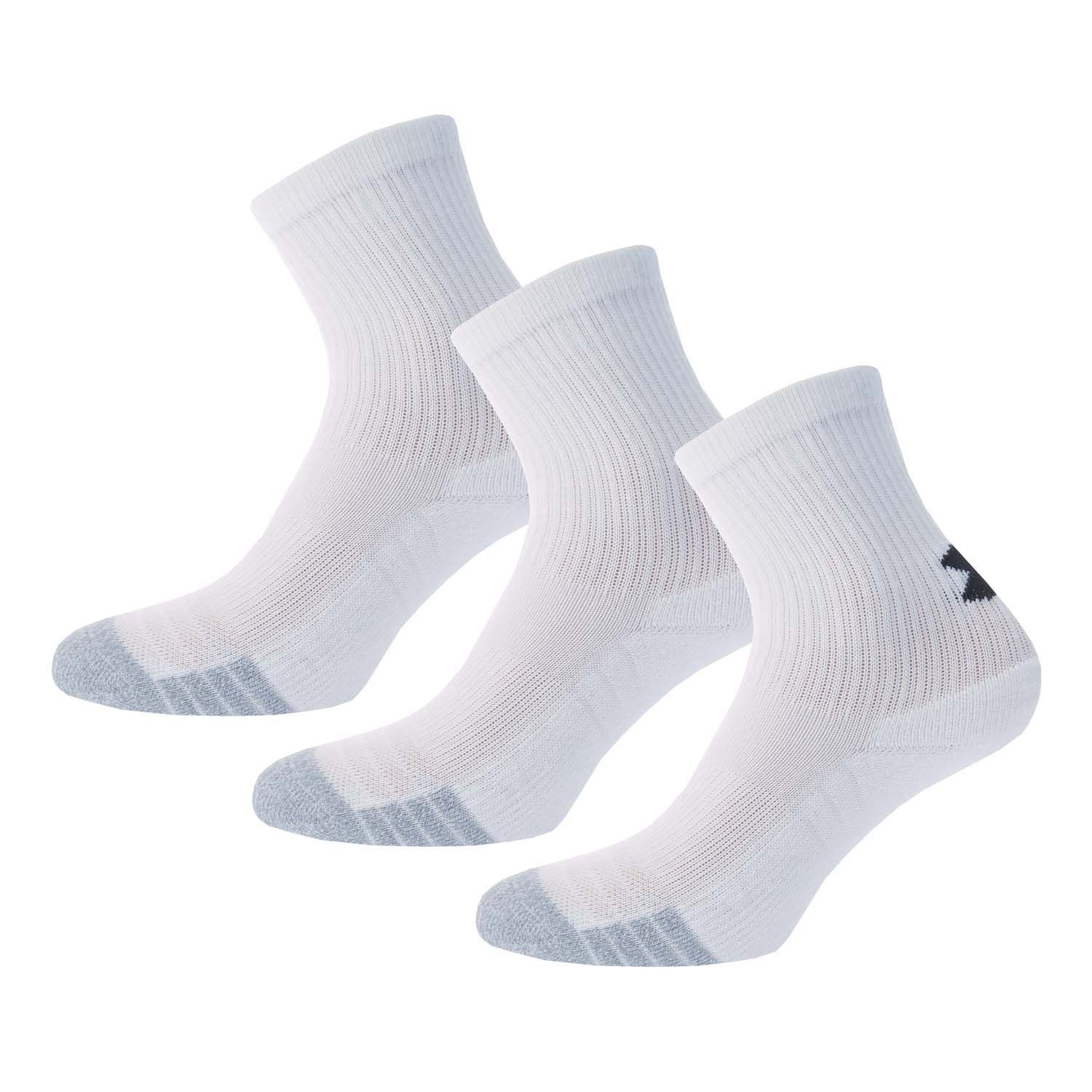 Boys Under Armour HeatGear 3 Pack Crew Socks in white.- Three pairs per pack. - Crew length.- HeatGear® fabric wicks sweat away from your skin to keep you cool  dry & light.- Dynamic Arch Support helps reduce foot fatigue.- Strategic Cushion reduces bulk  delivers flexibility & breathability.- Mesh panels for added breathability.- 97% Polyester  3% Elastane. - Ref: 1346750101