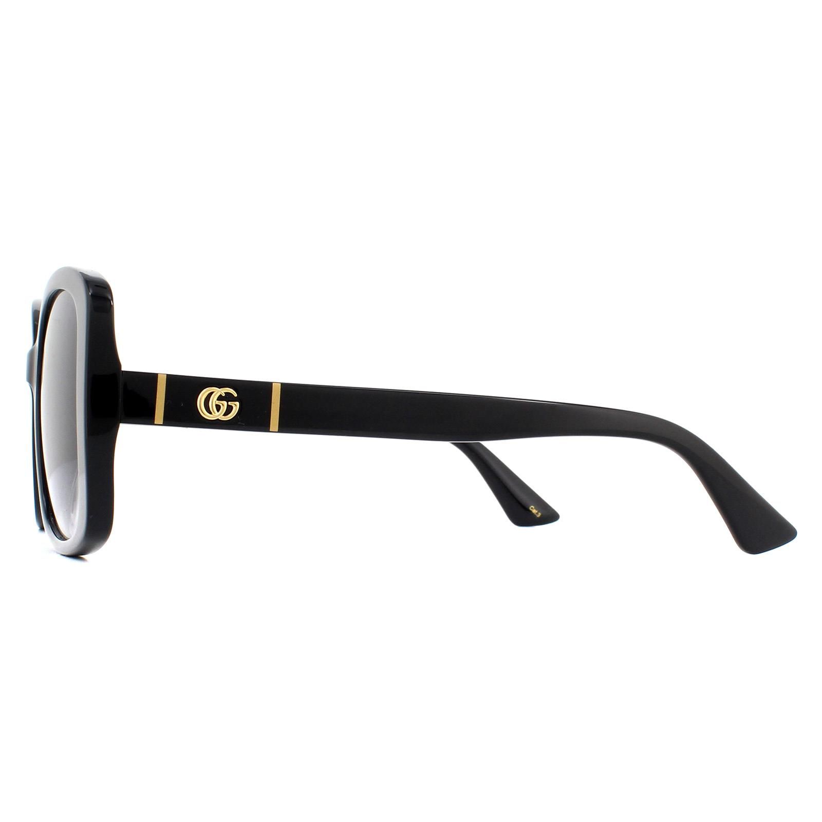 Gucci Sunglasses GG0762S 001 Black Grey Gradient are super feminine butterfly style sunglasses with a chunky acetate frame featuring the interlocking GG logo on the temples.
