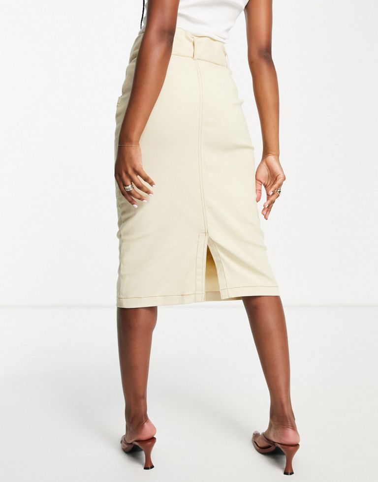 Midi skirt by ASOS DESIGN Treat your lower half High rise Belted waist Two pockets Kick split Skinny fit Sold by Asos