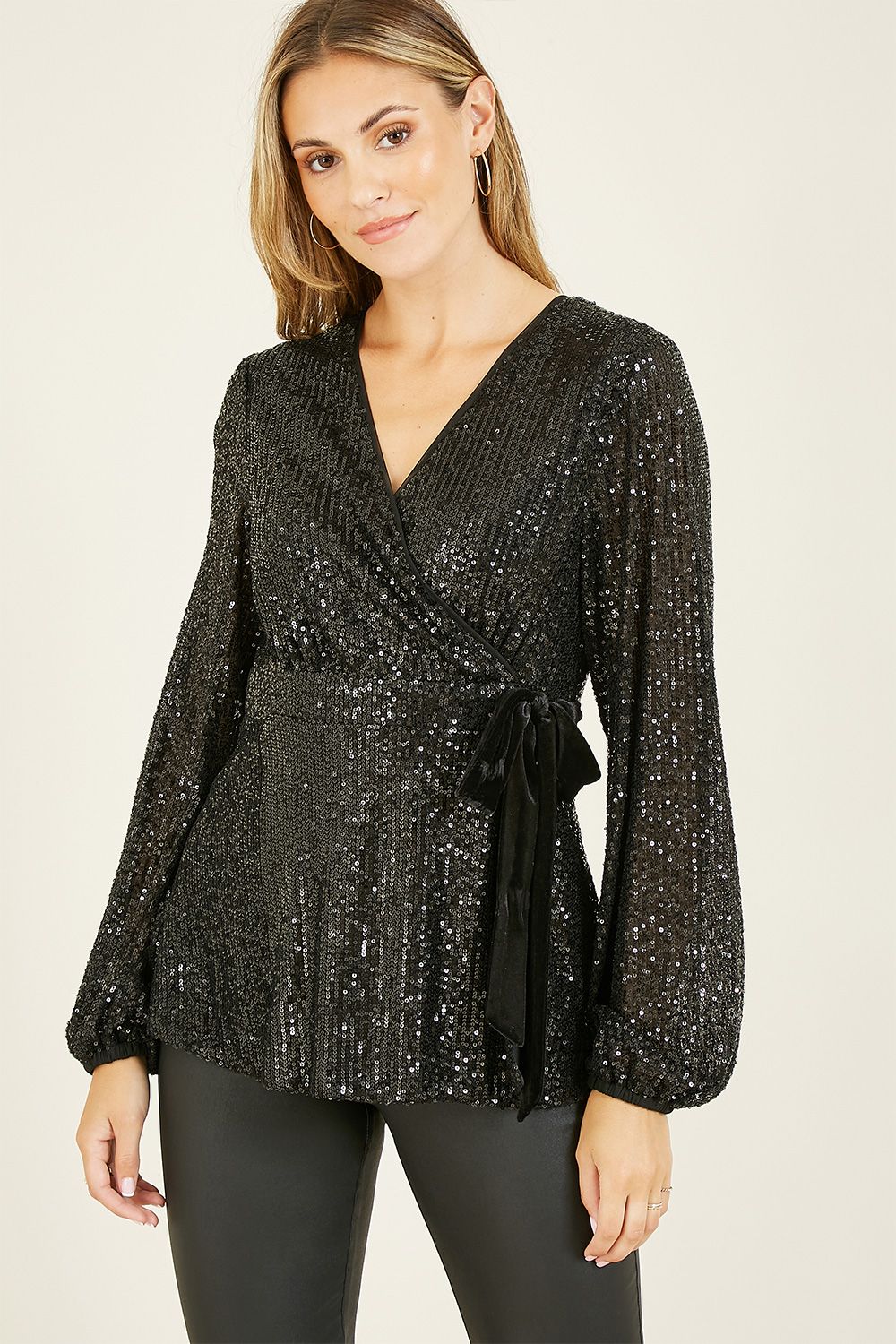 Yumi Black Sequin Wrap Top With Velvet Tie