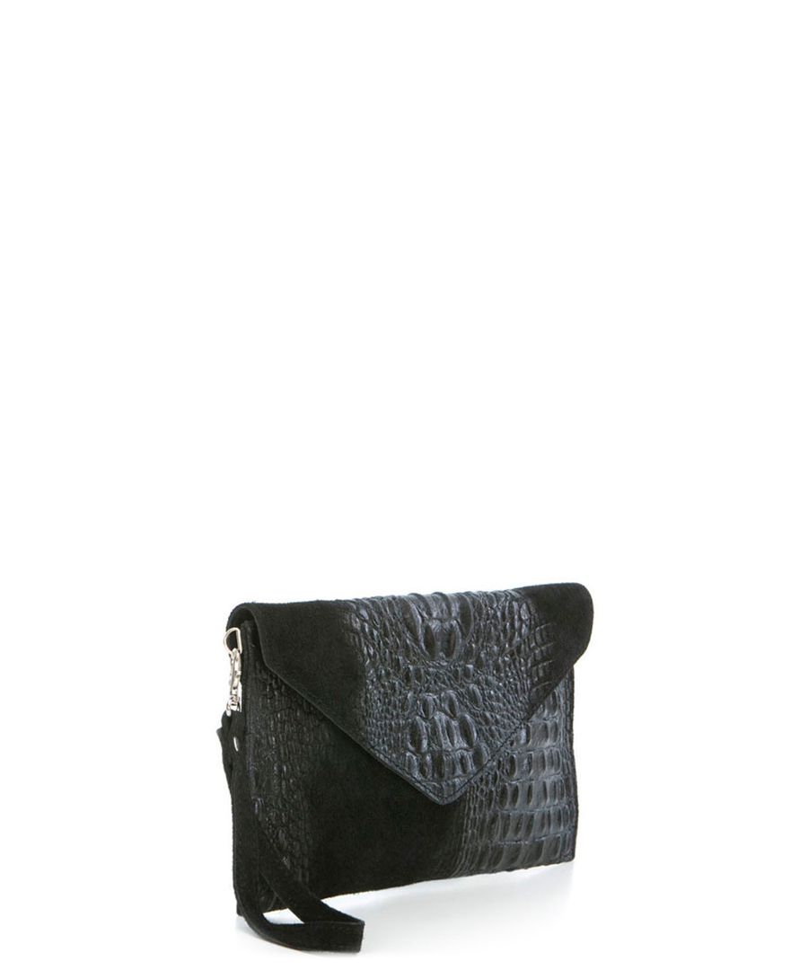 black leather moc-croc clutch bag