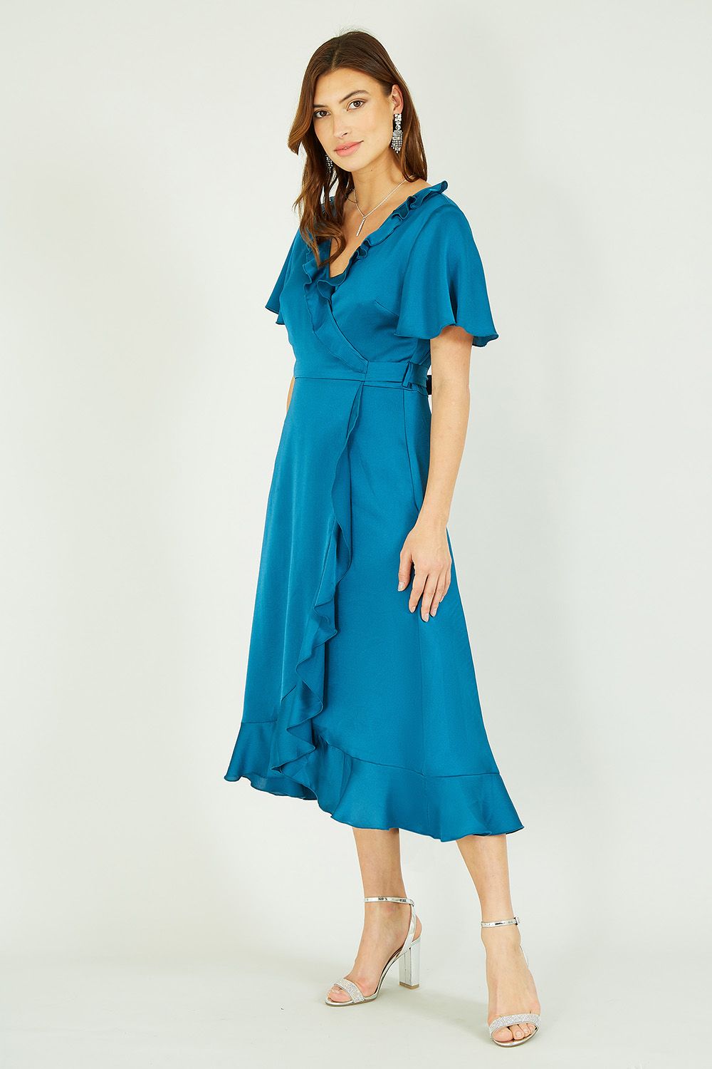 Yumi Teal Satin Wrap Midi Dress