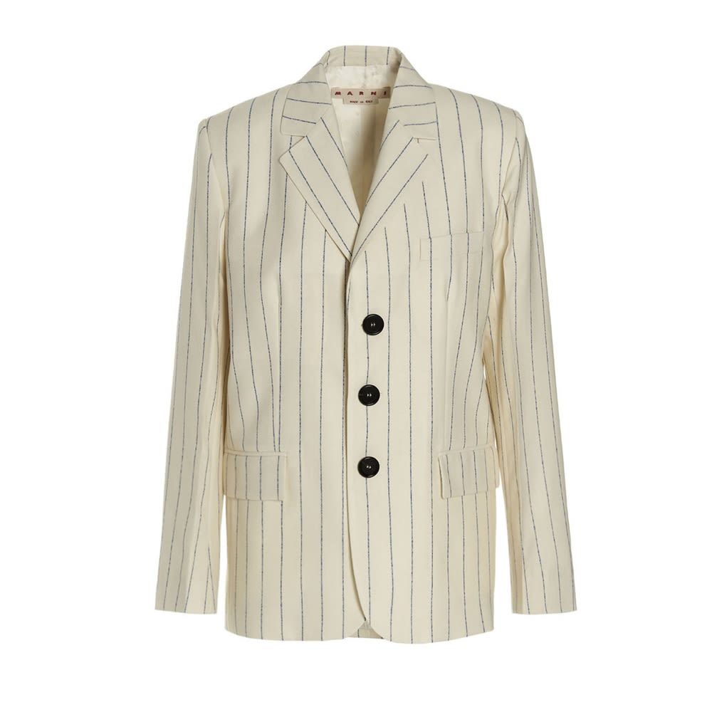 Single-breasted blazer jacket with stripe print, button closure, pockets, shoulder pads and long sleeves.