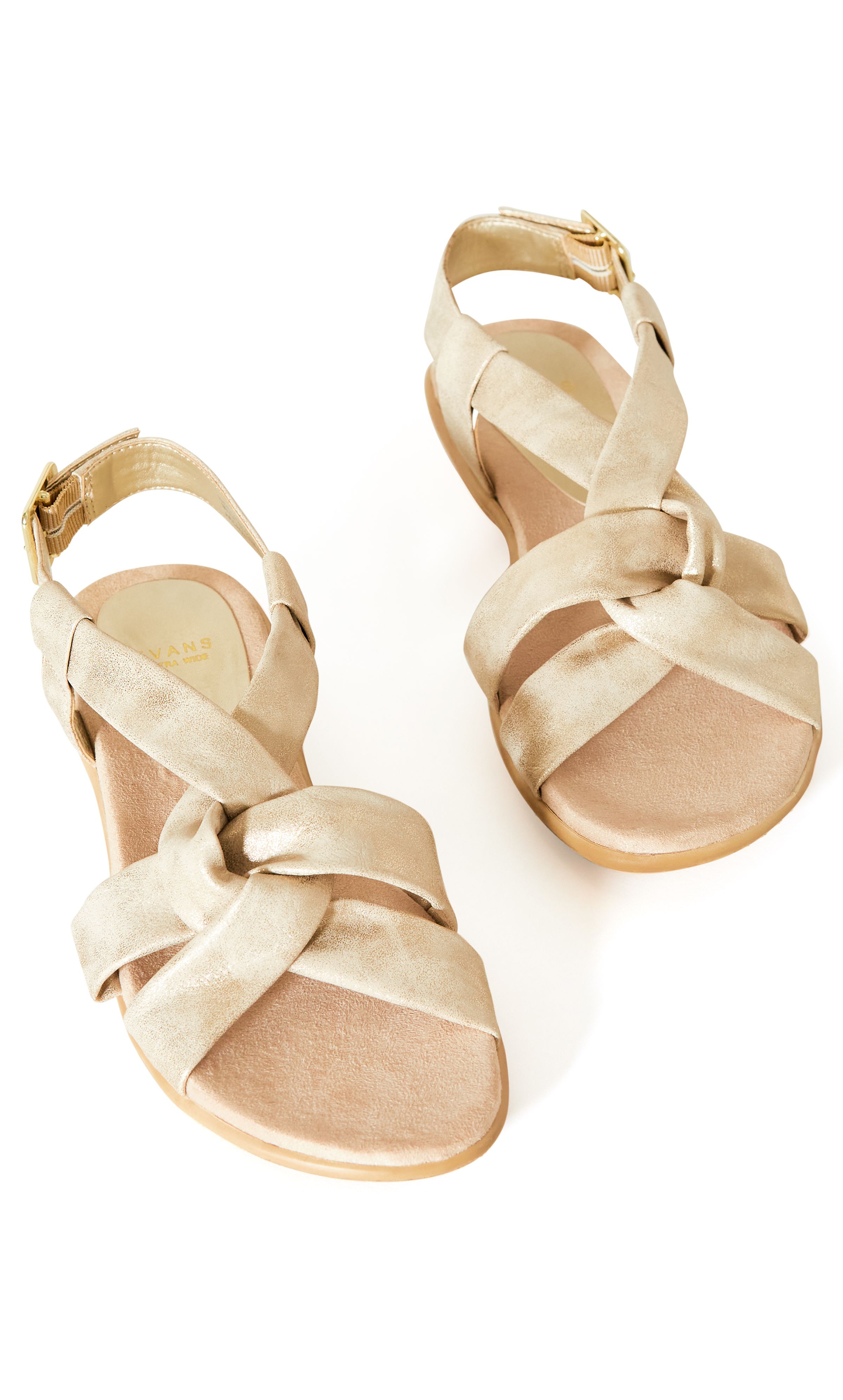 The pretty sandals to add to your collection. Twist front detailing keeps these on-trend, whilst an on-trend metallic finish will have you wearing these on-repeat. 100% TEXTILE. WIPE CLEAN ONLY.