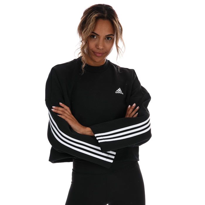 Womens adidas 3-Stripes Doubleknit Sweatshirt in black.- Ribbed crewneck.- Long sleeves.- Moisture-absorbing AEROREADY.- Slightly cropped crew top.- Bungee-adjustable hem.- Regular fit.- Main Material: 67% Cotton  33 Polyester (Recycled). Machine washable. - Ref: GC6943