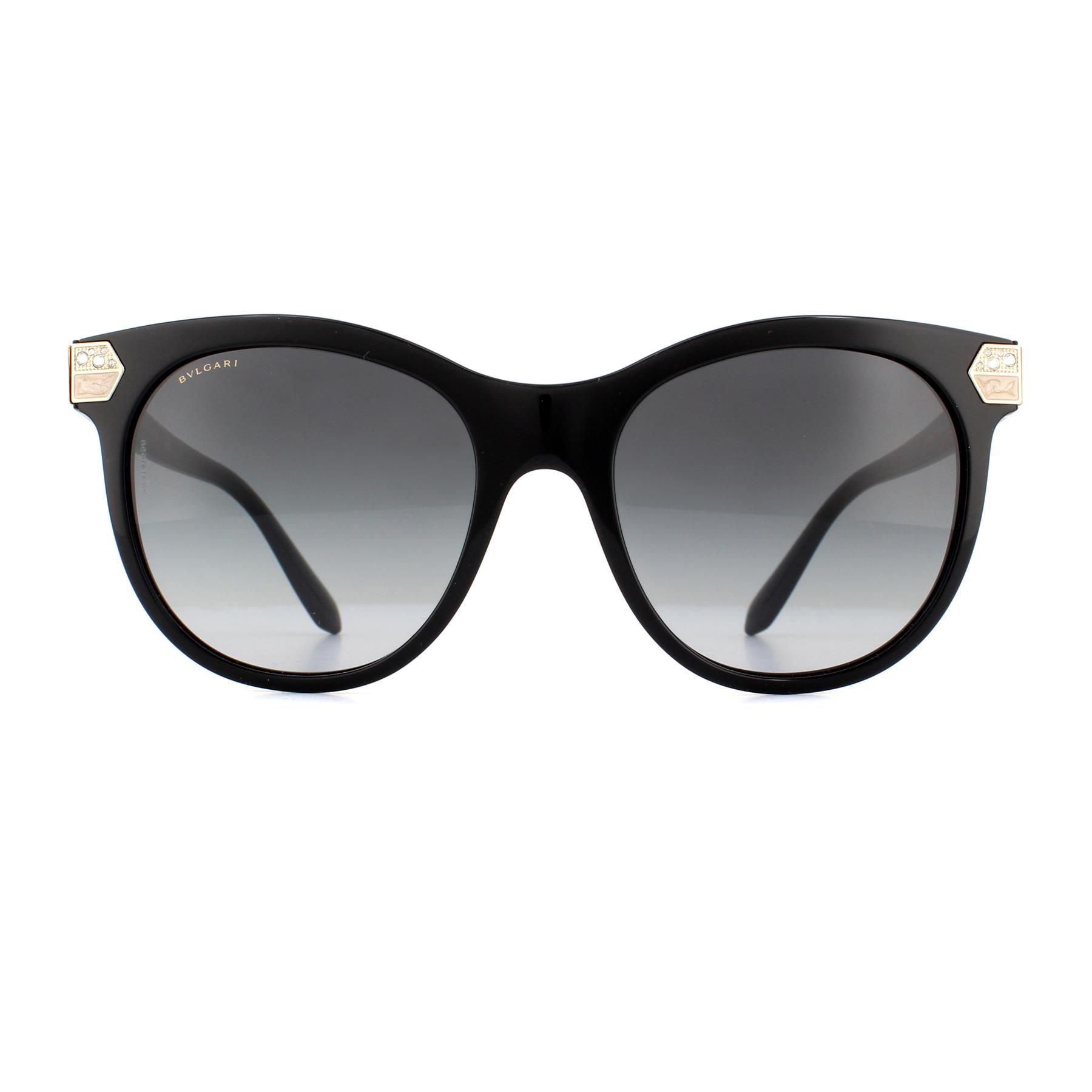 Bvlgari 8185b 501/8g sunglasses have a black frame with a grey gradient lens. They are made of plastic and have a round shape and are for women.