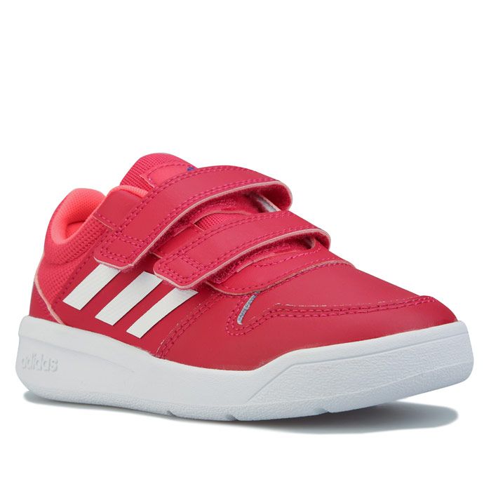 Junior Girls adidas Tensaurus Trainers in pink white.- Textile upper.- Regular fit.- Hook-and-loop closure straps.- Durable feel.- adidas branding.- Breathable textile lining reducdes mositure build-up. - Rubber outsole.- Leather and Textile Upper  Textile Lining  Synthetic Sole. - Ref.: FW3993J