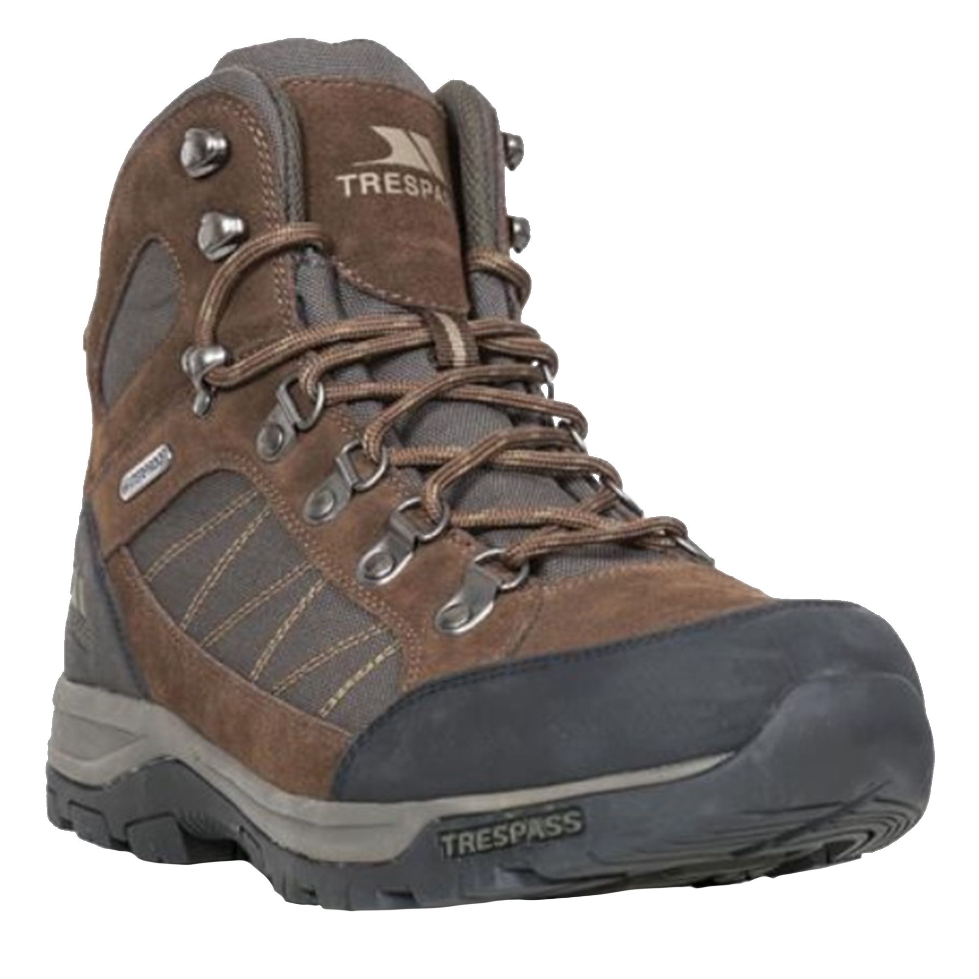Trail mid cut hiking boots. Waterproof and breathable membrane. Gussetted tongue. Protective and durable rubber toe guard. Ankle supportive cushioned collar and tongue. Arch stabilising and supportive steel shank. Cushioned footbed. Durable traction outsole. Upper: textile/cow suede/PU/rubber. Lining: textile. Outsole: moulded EVA/rubber.