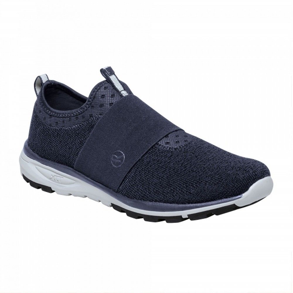 100% Polyester. Knit mesh upper for breathable comfort. Sock fit upper for secure fit. Die cut EVA footbed for underfoot comfort and support. EVA sole unit with TPR pods for a balance of lightweight, comfort and durability.