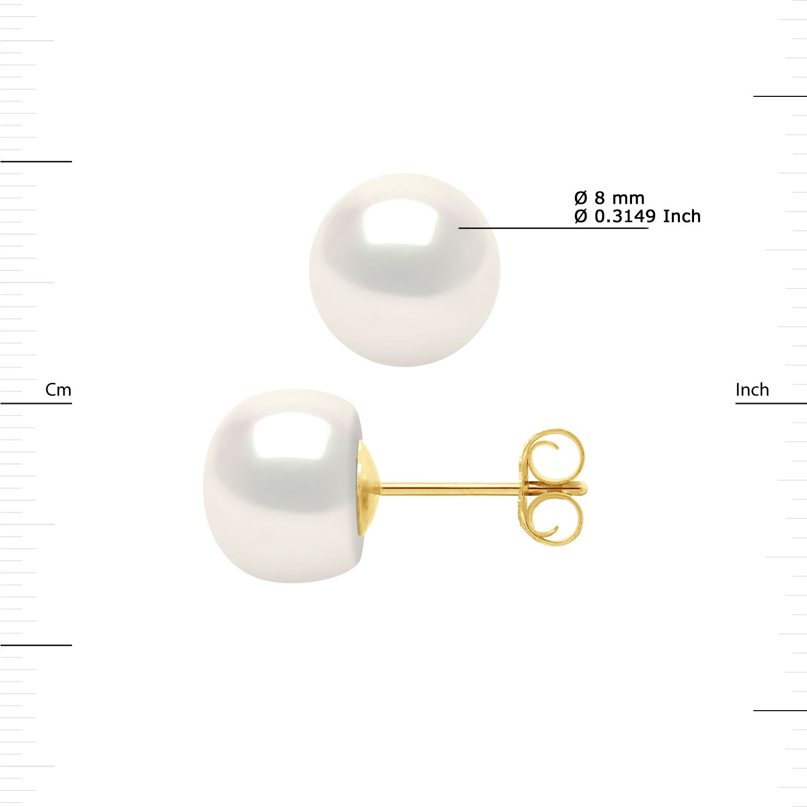 Earrings of Gold 375 and true Cultured Freshwater Pearls Button 8-9 mm , 0,31 in - Natural White Color Push System - Our jewellery is made in France and will be delivered in a gift box accompanied by a Certificate of Authenticity and International Warranty