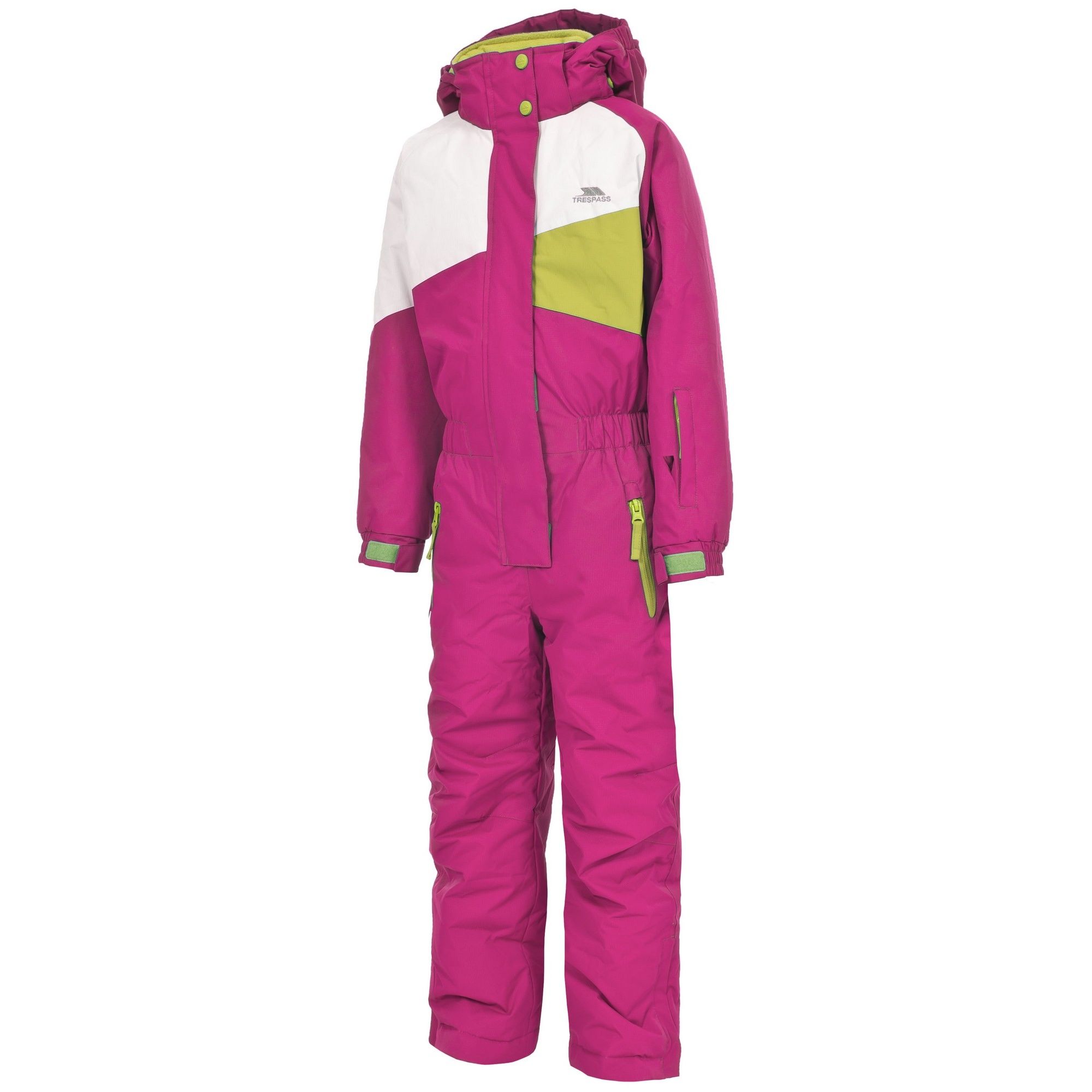 Padded one piece ski suit. 2 zip pockets. D-ring inside pocket. Side leg ankle zippers. Ankle gaiters. Elasticated waist. Detachable stud off hood. Water resistant. Windproof. Critical taped seams. Shell: 100% Polyester PVC coating, Lining: 100% Polyester, Padding: 100% Polyester.
