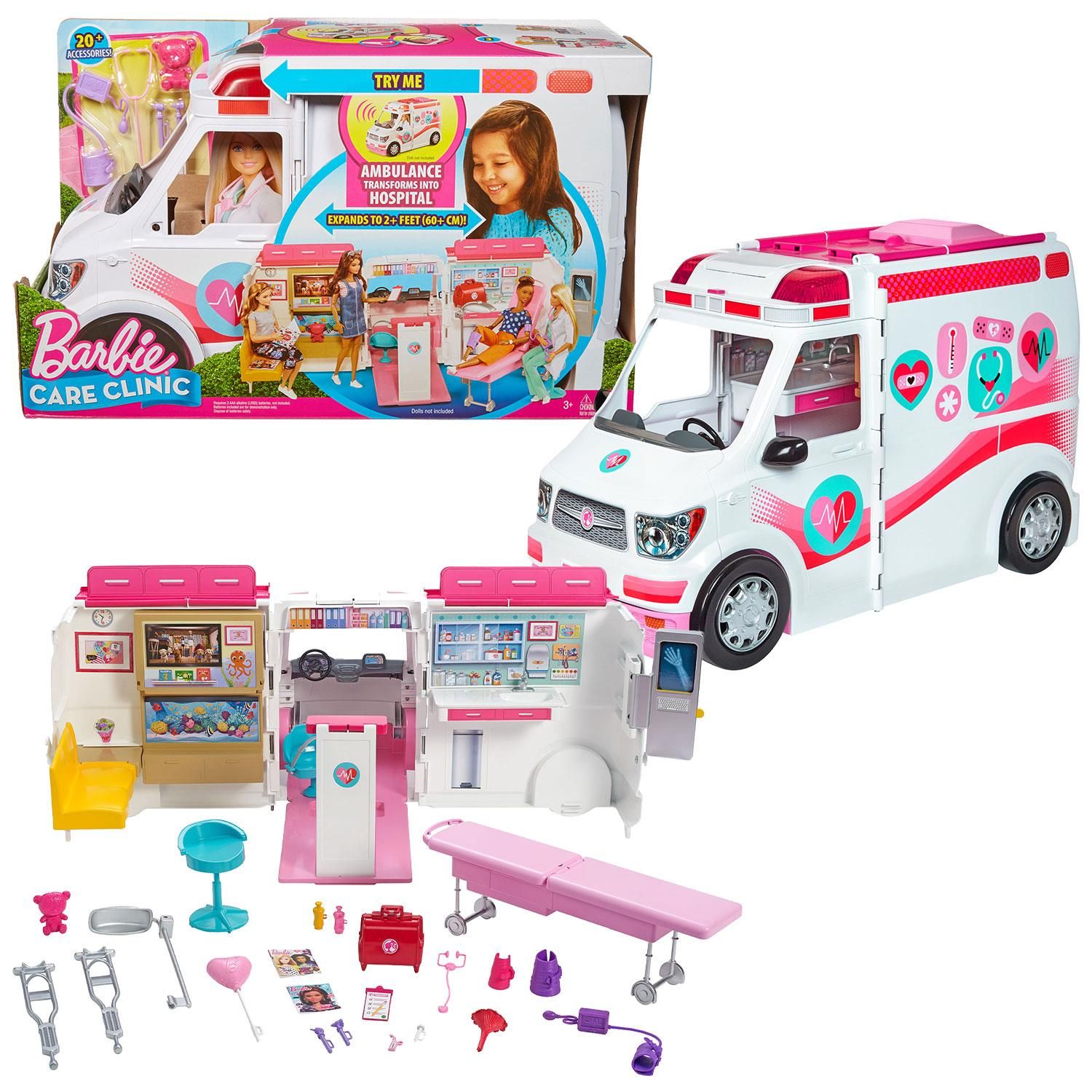 Barbie Career Care Clinic Ambulance with Accessories, Great Gift for Kids

Drive playtime fun with the Barbie care clinic. This 2-in-1 rescue vehicle is both an ambulance, with working siren sounds and lights, and a 2 ft long hospital with more than 20 themed pieces that inspire nurturing doctor role-play. With a lift of the lever, the colourful emergency car transforms into a care clinic, fully equipped for medical assistance and check-ups. The playset features three distinct play spaces: A check-in station with a pop-up reception desk, a waiting room with a hidden gift shop, and an examination room with an x-ray machine that doubles as a vision chart. Among the additional accessories (some with handles), there is diagnostic equipment like a stethoscope and blood pressure cuff, medical supplies like casts and crutches, waiting room magazines as well as gift shop items. It is the ideal gift for aspiring doctors. With this set, you can explore all types of medical professions from nurses to physicians, and help people feel better, just like Barbie. Doll not included.

Features:

Barbie care clinic vehicle inspires endless storytelling play for young aspiring doctors
The playset can be easily transformed from a rolling ambulance to a fully equipped hospital on wheels
Features a three-room hospital setting: check-in stand with a swivel chair; waiting room with couch, fish tank, and gift shop; exam room with an x-ray machine
More than 20 additional accessories include medical equipment (such as an adjustable bed, doctor’s bag, stethoscope, blood pressure cuff, thermometer)
Two casts and a pair of crutches, waiting room magazines, and gift shops items like a teddy bear or balloon
Collect other Barbie dolls and toys to explore medical professions and more careers because when a girl plays with Barbie

Package Includes: Barbie Career Care Clinic Ambulance with Accessories
