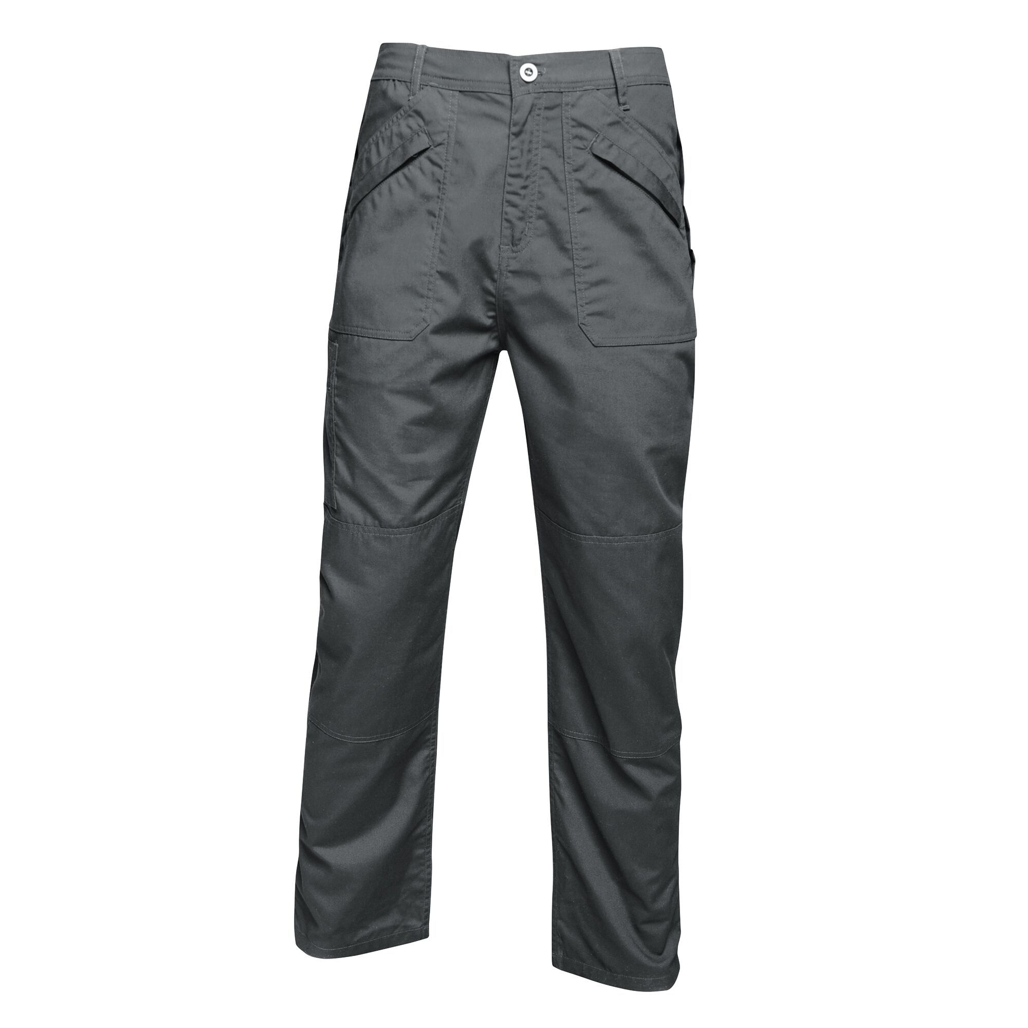 Mens waterproof trousers made of Polycotton fabric. Durable water repellent finish. Fabric weight 180g/m2. Water repellent coating. Part-elasticated waist. Double seat for extra strength. Knee patches. Belt loops. 2 front pockets. 4 welt covered front zip pockets. 1 cargo leg pocket. 2 back zipped pockets with welt covering. Ideal for wearing outdoors in the rain. 65% Polyester, 35% Cotton. Regular: 32in.