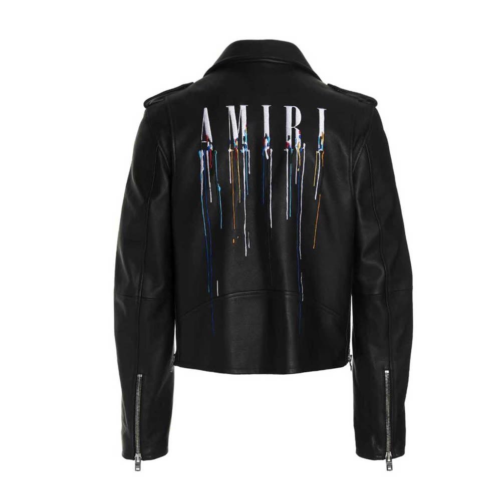 'Paint d rip' leather biker jacket with back embroidery, a zip closure, a belt at the waist and silver hardware.