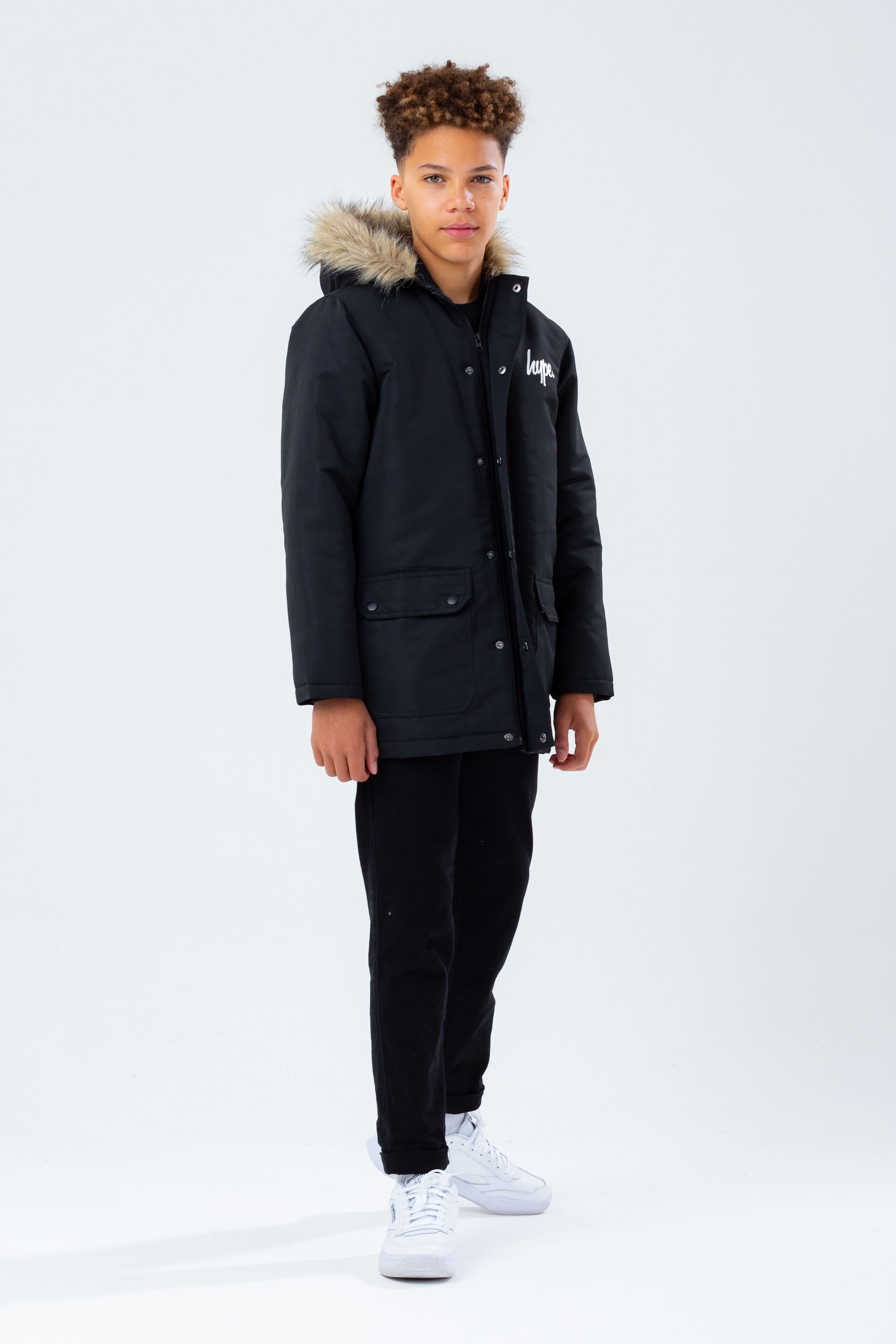 hype Junior Boys Kids Zip Crest Hoody in Black Ribbed Cuffs and Zip Fastening 