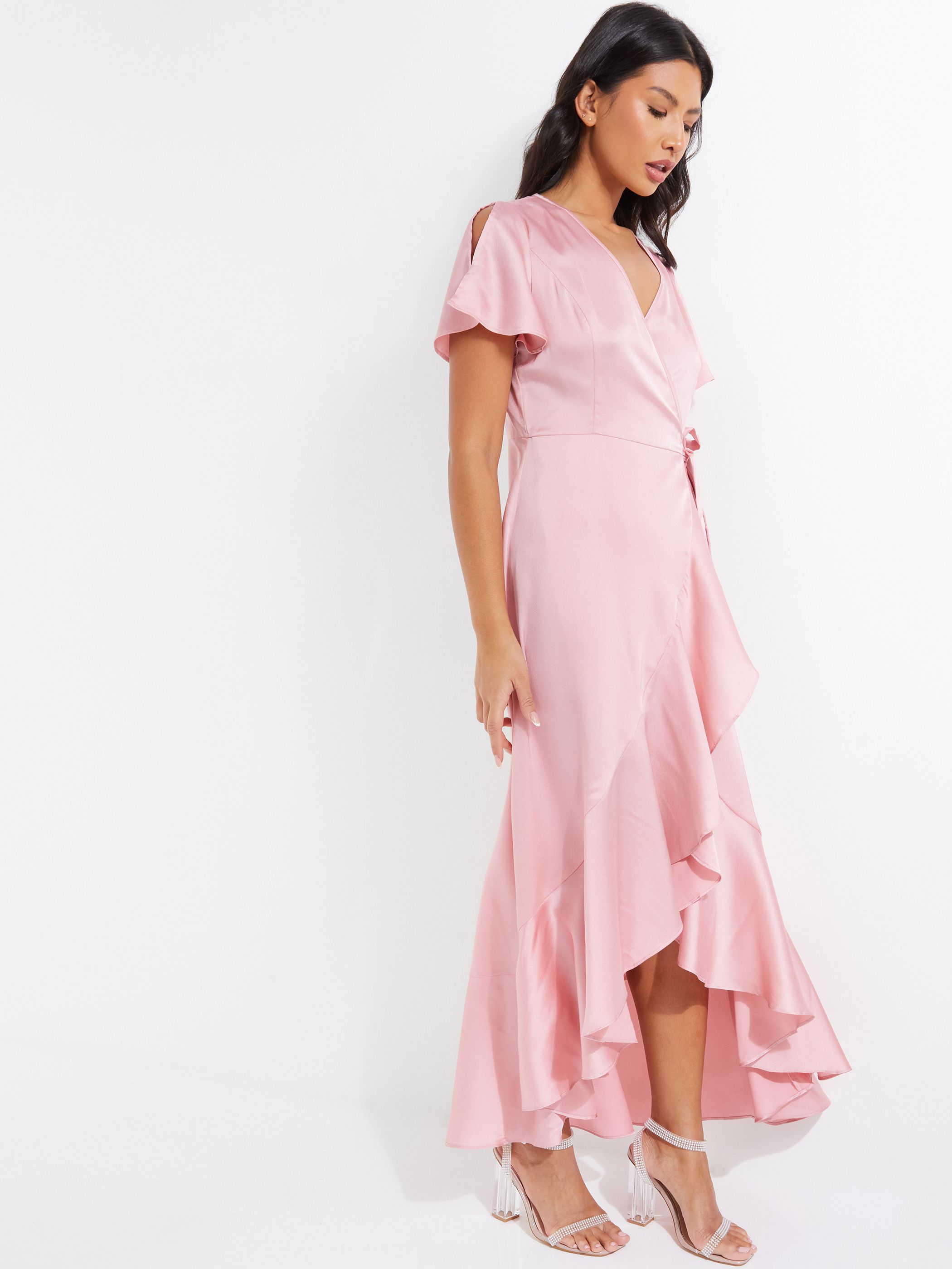 Pink Satin Wrap Maxi Dress