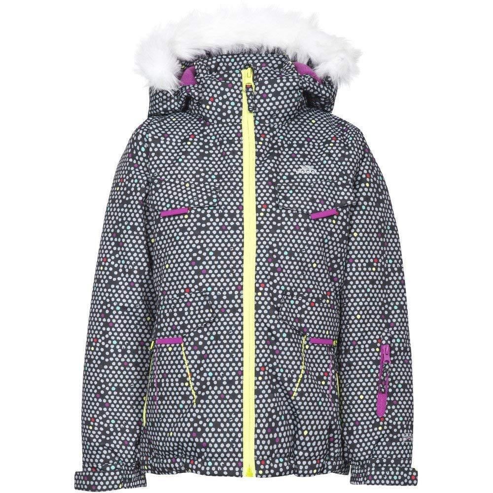 Padded. All over print. 2 small upper pockets, 2 lower zip pockets, 1 sleeve zip pocket. Detachable stud off hood. Detachable fur trim. Inner snow break. Elasticated cuff with touch fastening. Waterproof 3000mm, windproof, taped seams. Shell: 100% Polyester, PU coating, Lining: 100% Polyester, Filling: 100% Polyester. Trespass Childrens Chest Sizing (approx): 2/3 Years - 21in/53cm, 3/4 Years - 22in/56cm, 5/6 Years - 24in/61cm, 7/8 Years - 26in/66cm, 9/10 Years - 28in/71cm, 11/12 Years - 31in/79cm.