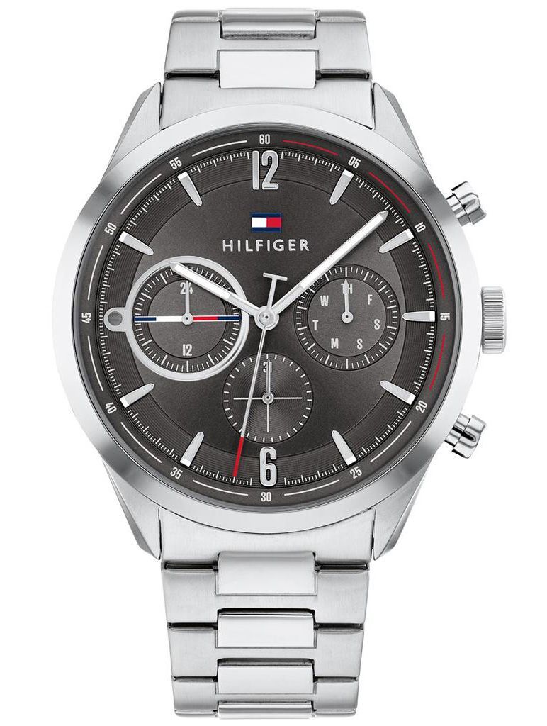 This Tommy Hilfiger Matthew Multi Dial Watch for Men is the perfect timepiece to wear or to gift. It's Silver 44 mm Round case combined with the comfortable Silver Stainless steel watch band will ensure you enjoy this stunning timepiece without any compromise. Operated by a high quality Quartz movement and water resistant to 5 bars, your watch will keep ticking. The classic colours will go great with any outfit . It enables you to easily spice up a normal outfit and add style to your life. -The watch has a calendar function: Day-Date, 24-hour Display High quality 21 cm length and 21 mm width Silver Stainless steel strap with a Fold over with push button clasp Case diameter: 44 mm,case thickness: 11 mm, case colour: Silver and dial colour: Grey