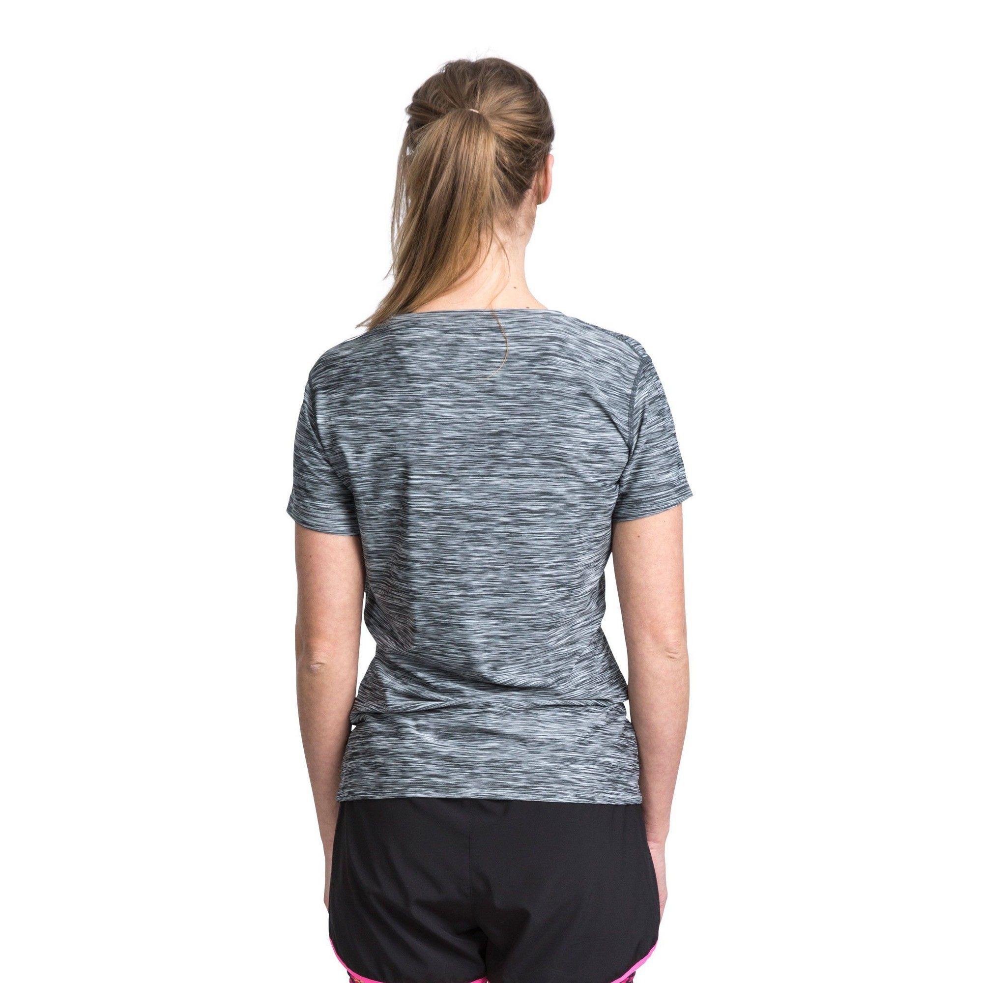 Short sleeve. Round neck. Reflective logos. Wicking. Quick dry. 91% Polyester/9% Elastane. Trespass Womens Chest Sizing (approx): XS/8 - 32in/81cm, S/10 - 34in/86cm, M/12 - 36in/91.4cm, L/14 - 38in/96.5cm, XL/16 - 40in/101.5cm, XXL/18 - 42in/106.5cm.