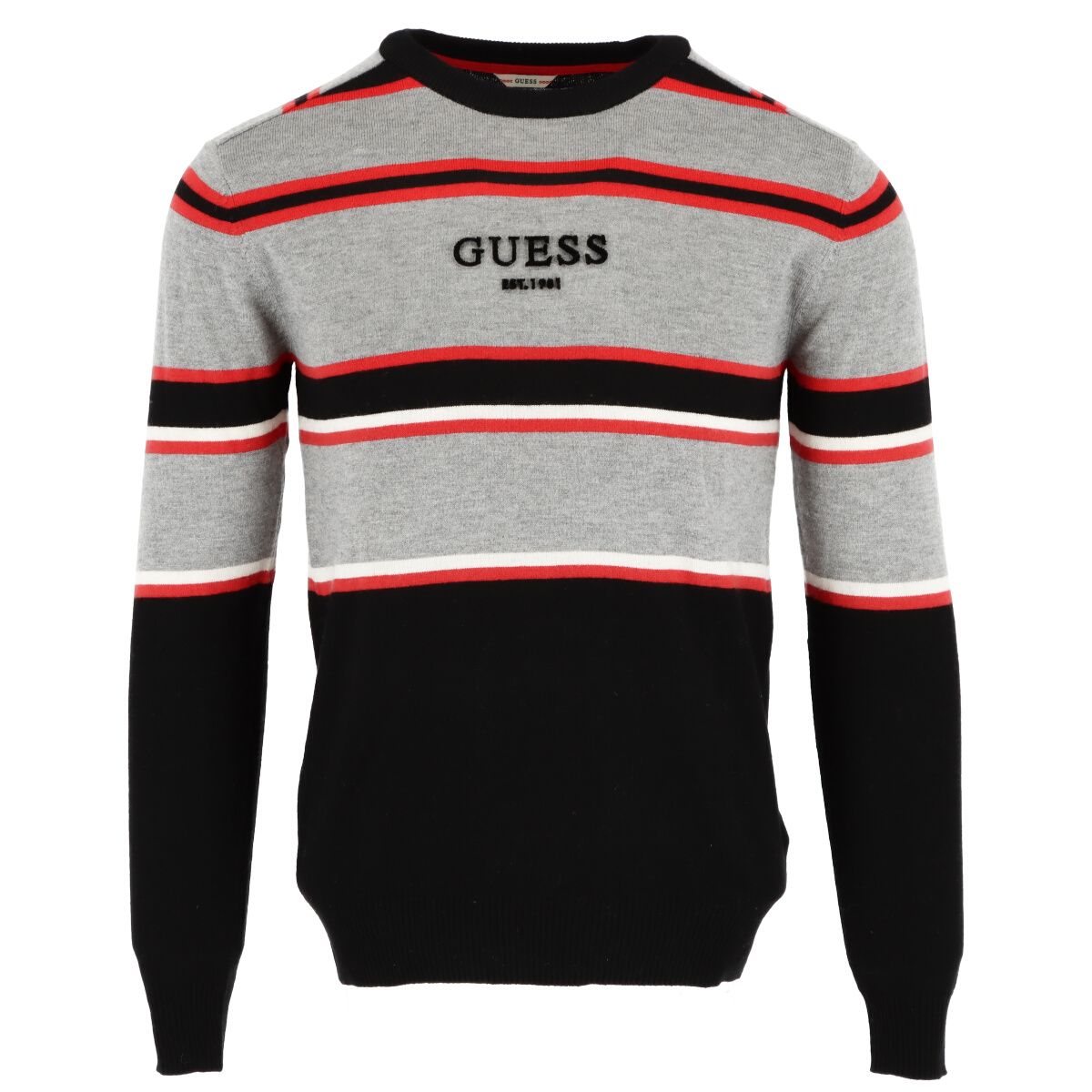 Brand: Guess Gender: Men Type: Knitwear Season: Fall/Winter  PRODUCT DETAIL • Color: black • Pattern: striped • Sleeves: long • Neckline: round neck •  Article code: M0BR54Z2PL0  COMPOSITION AND MATERIAL • Composition: -30% wool -35% polyamide -35% viscose  •  Washing: handwash