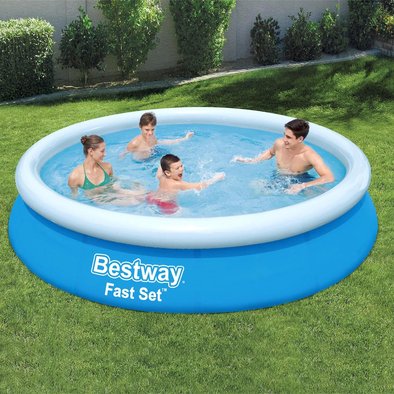 The 12' x 30'' / 3.66m x 76cm Fast Set™ Pool Set by Bestway is a great family swimming pool. It sets up in only a matter of minutes on a flat surface as only the top ring needs inflated; the body of the pool has a liner that lifts when you fill the pool with water. It also comes with a flow control drain valve, allowing it to be drained quickly at the end of the season. The Fast Set™ Pool is constructed of tough Tritech material, making it extremely durable and guarantees to keep the family swimming for years to come!

Safety measures :

Never dive into any shallow body of water. This can lead to serious injury or death. 
Do not use the swimming pool when using alcohol or medication that may impair your ability to safely use the pool.
When pool covers are used, remove them completely from the water surface before entering the pool.
Protect pool occupants from water related illnesses by keeping the pool water treated and practicing good hygiene.
Consult the water treatment guidelines in the user’s manual. 
Store chemicals (e.g. water treatment, cleaning or disinfection products) out of the reach of children. Use the signage as outlined below. Signage is to be displayed in a prominent position within 2m of the pool.
Keep children under supervision in the aquatic environment. No diving. 
Removable ladders shall be placed on a horizontal surface.
Irrespective of materials used for swimming pool construction, accessible surfaces have to be checked regularly to avoid injuries. 
Regularly monitor bolts and screws. Remove splinters or any sharp edges to avoid injuries.

Box Contains :
1 x Fast Set 12' x 30