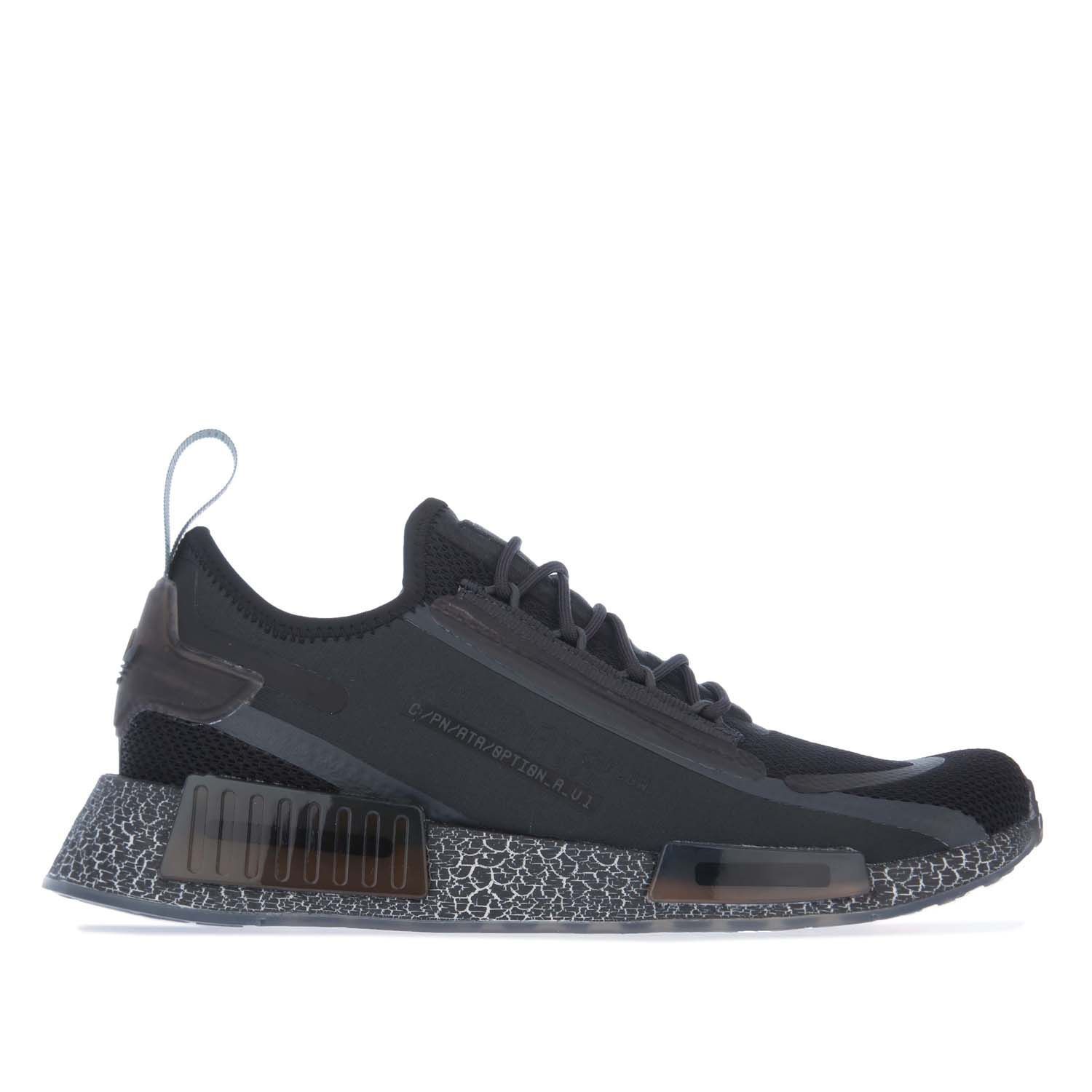 Mens adidas Originals NMD_R1 Spectoo Trainers in black.- Knit textile upper.- Lace closure.- Stretchy  sock-like feel. - Boost midsole. - Gum rubber outsole.- Textile upper and lining  Synthetic sole.- Ref.: GZ9265