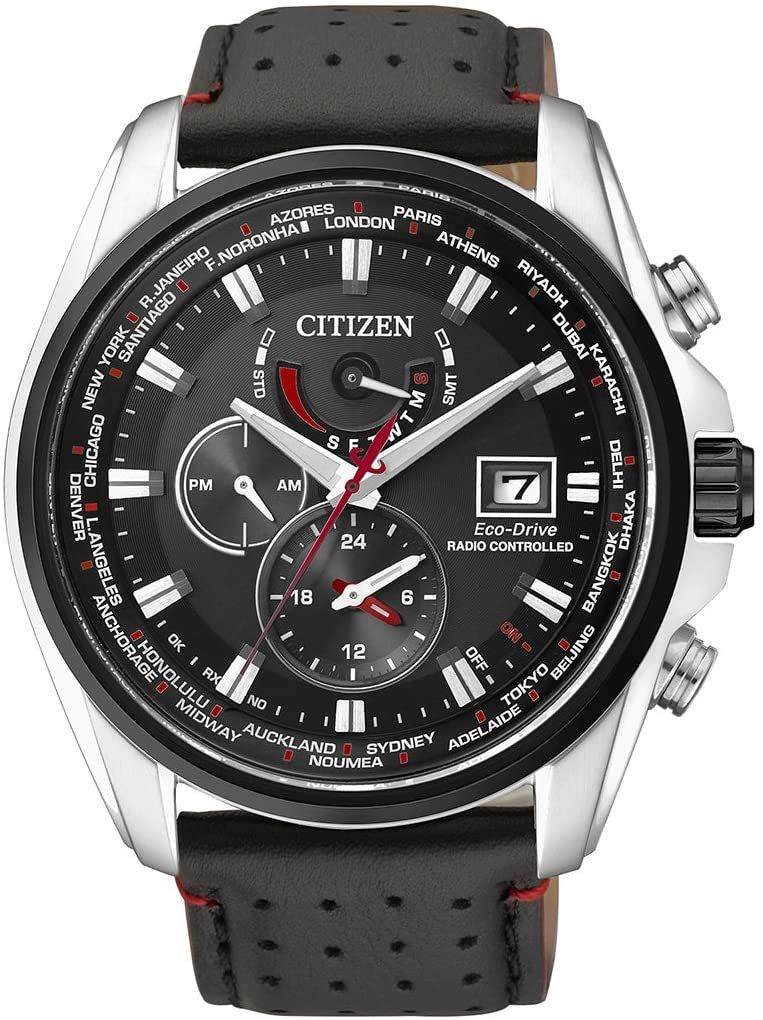 This Citizen  Multi Dial Watch for Men is the perfect timepiece to wear or to gift. It's Silver 43 mm Round case combined with the comfortable Black Leather watch band will ensure you enjoy this stunning timepiece without any compromise. Operated by a high quality Eco-Drive movement and water resistant to 20 bars, your watch will keep ticking. This solar powered watch recharges itself in any kind of light,This solar watch does not require any battery replacement.-The watch has a calendar function: Date, Solar Powered, Radio Controlled, 24-hour Display, Worldtime, Luminous Hands High quality 21 cm length and 21 mm width Black Leather strap with a Deployment clasp Case diameter: 43 mm,case thickness: 12 mm, case colour: Silver and dial colour: Black