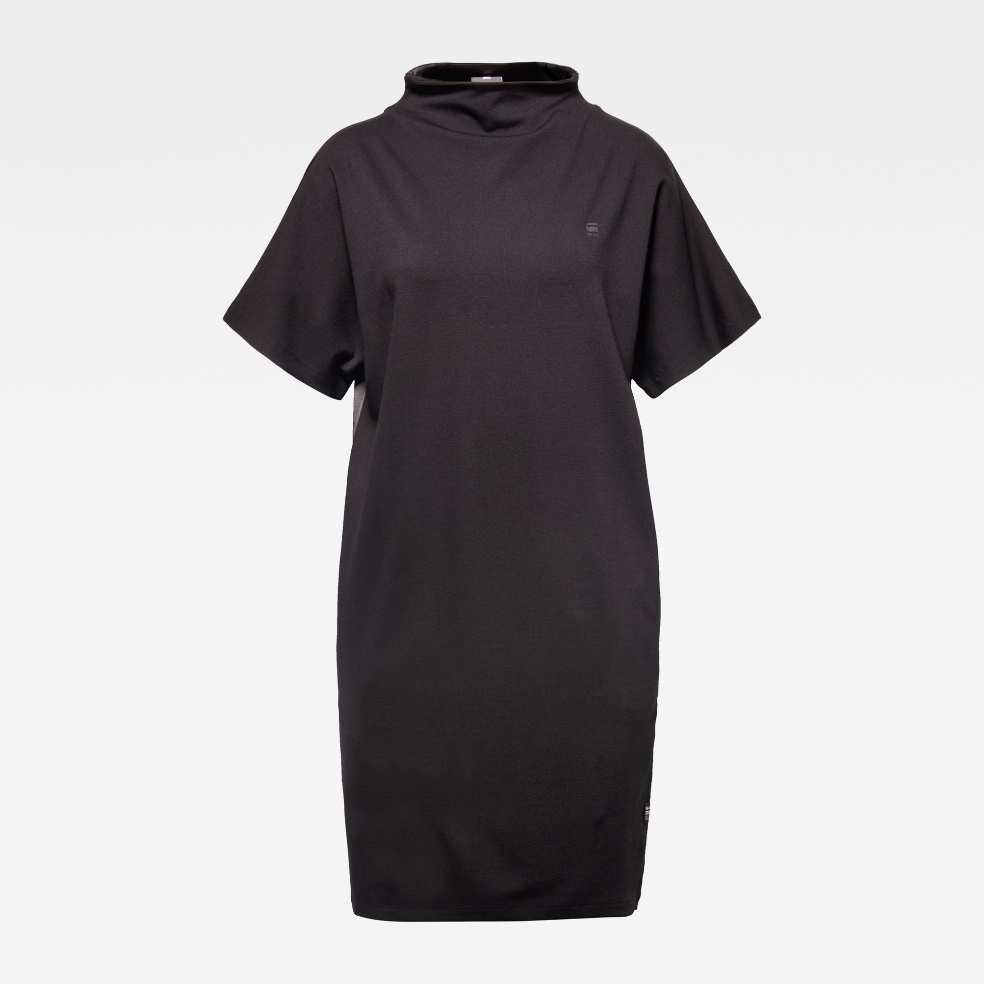 Matt front versus shiny back. Raised collar, funnel neck. Semi short sleeves- grown on. Side seam pockets. Straight hem. No closure. This dress is created out of a high stretch fabric with a sateen luster. Soft touch, supple knit. Added stretch for eas of movement. Straight