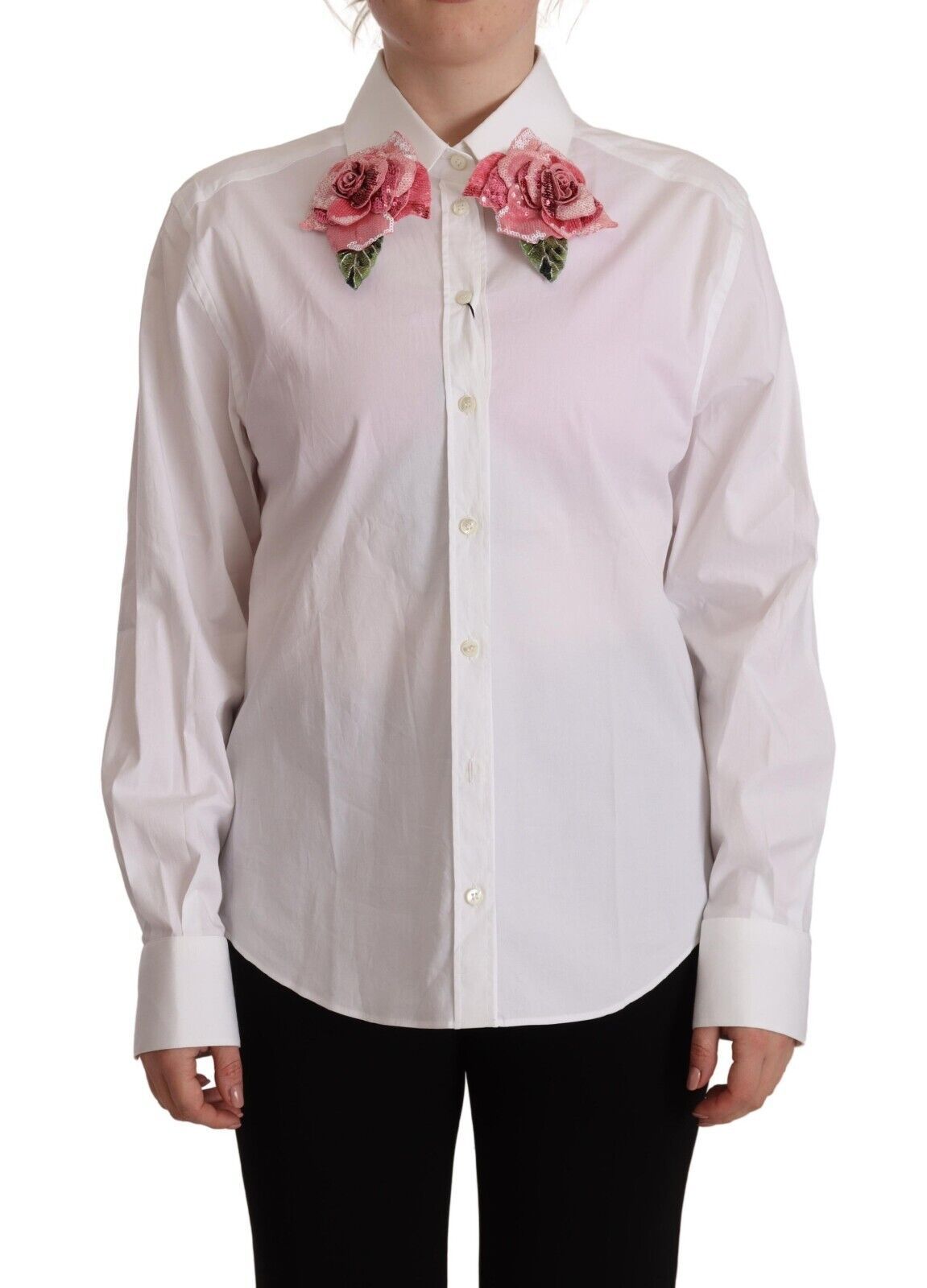 Dolce Gabbana White Cotton Button Up Collared Floral Sequin Top