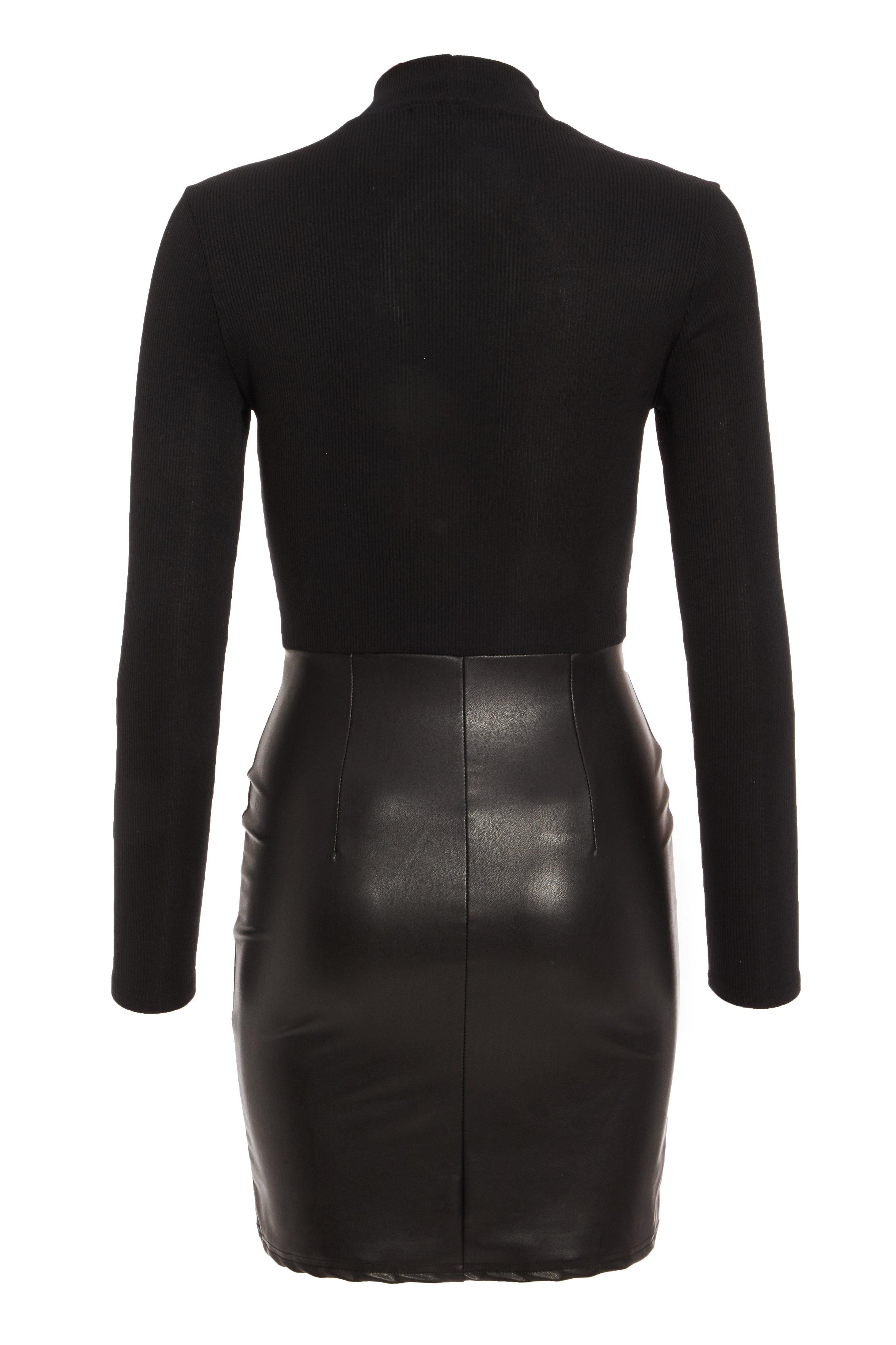 - Ribbed finish  - Faux leather skirt  - Bodycon style  - Long sleeve  - High neck   - Length: 88cm approx  - Model Height: 5' 4