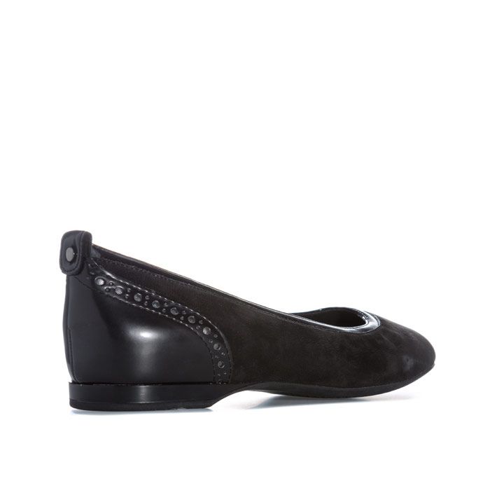 Womens Geox Lamulay Ballerina Shoes in Black. – Soft nubuck upper with synthetic leather trim. – Round toe. – Brogue styling at heel. – Slip-on construction. – Comfortable synthetic leather lining. – Perforated insole for breathability. – Patented perforated sole enhances breathability while a protective membrane prevents water from entering the shoe. – Leather and synthetic Upper – Synthetic leather lining – Synthetic sole. – Ref: D745DC 0LTBC C999