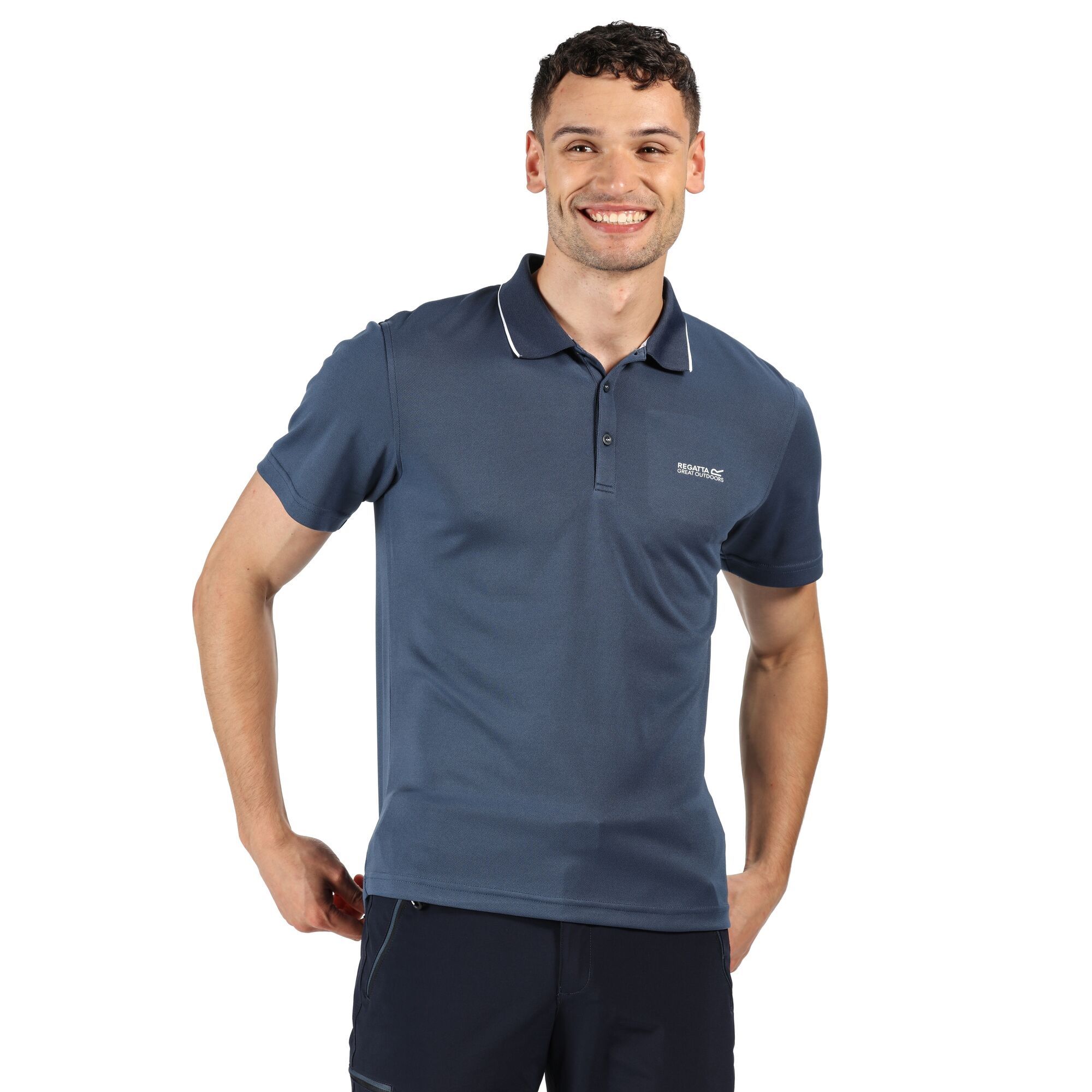 Material: 100% quick dry polyester pique fabric. Ribbed collar. Good wicking performance. 3 button placket. Short sleeves.