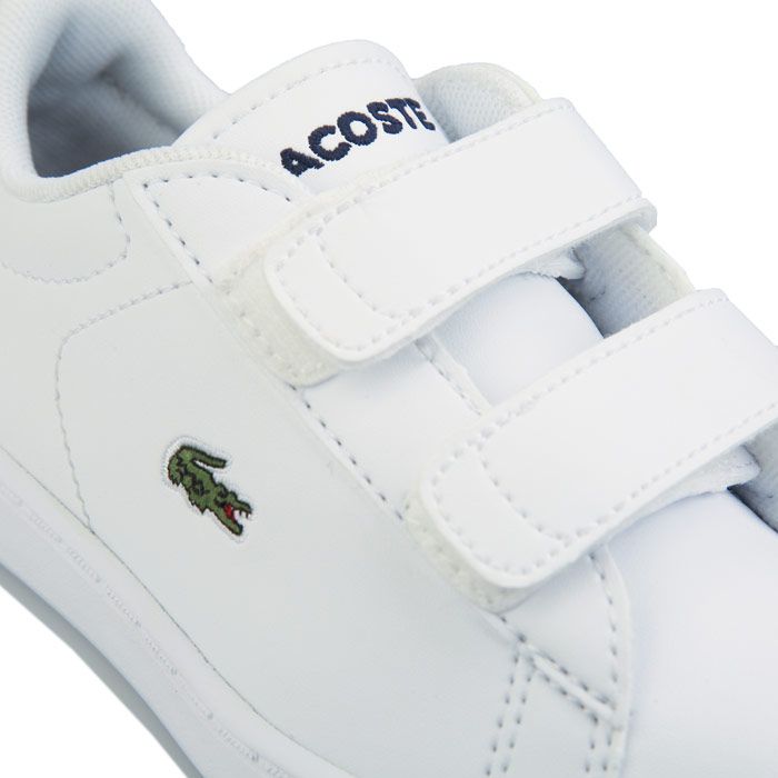 Infant Boys Lacoste Carnaby Evo Trainers in white navy.- Leather and synthetic uppers.- Lace up fastening.- Comfortable textile lining.- Signature green crocodile branding.- Sport-inspired mesh linings and outsole tread.- Rubber outsole.- Leather upper  Textile lining  Synthetic sole. - Ref: 740SPI1003042
