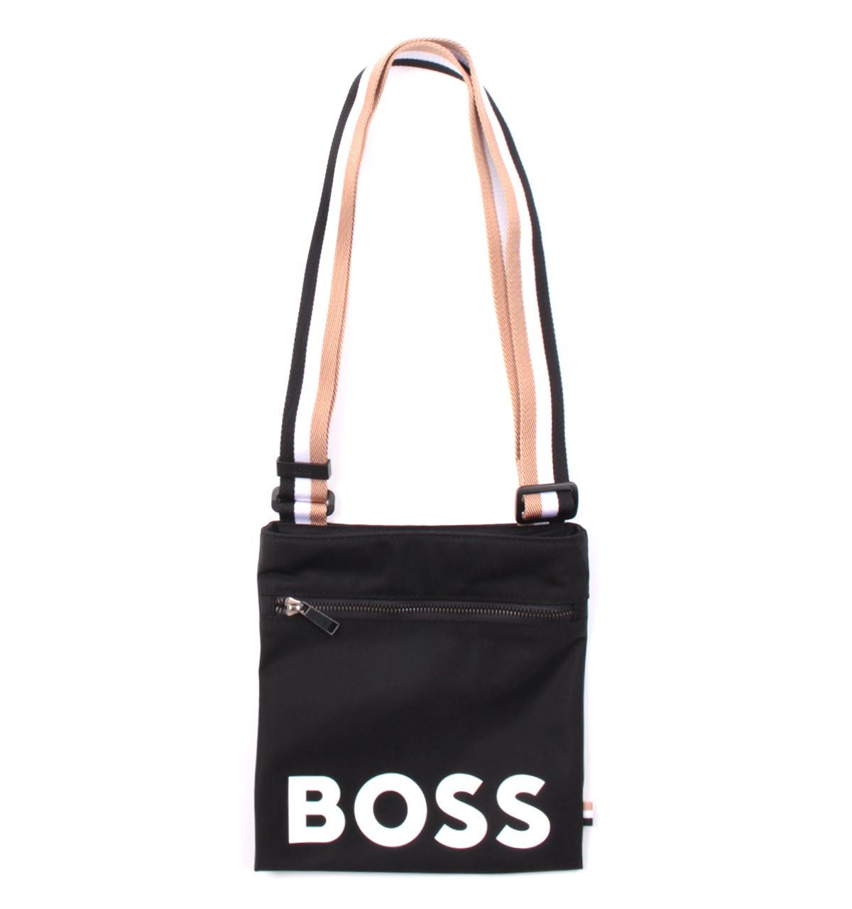 An all round pouch with an adjustable webbing strap for any way wear. Featuring a main zip compartment with a front zip compartment. Finished with a large BOSS logo print. Dimensions: L: 20cm x H: 22cm, Front Zip Compartment, Main Zip Compartment, Adjustable BOSS Colour Strap, Printed Logo, Pure Recycled Nylon.