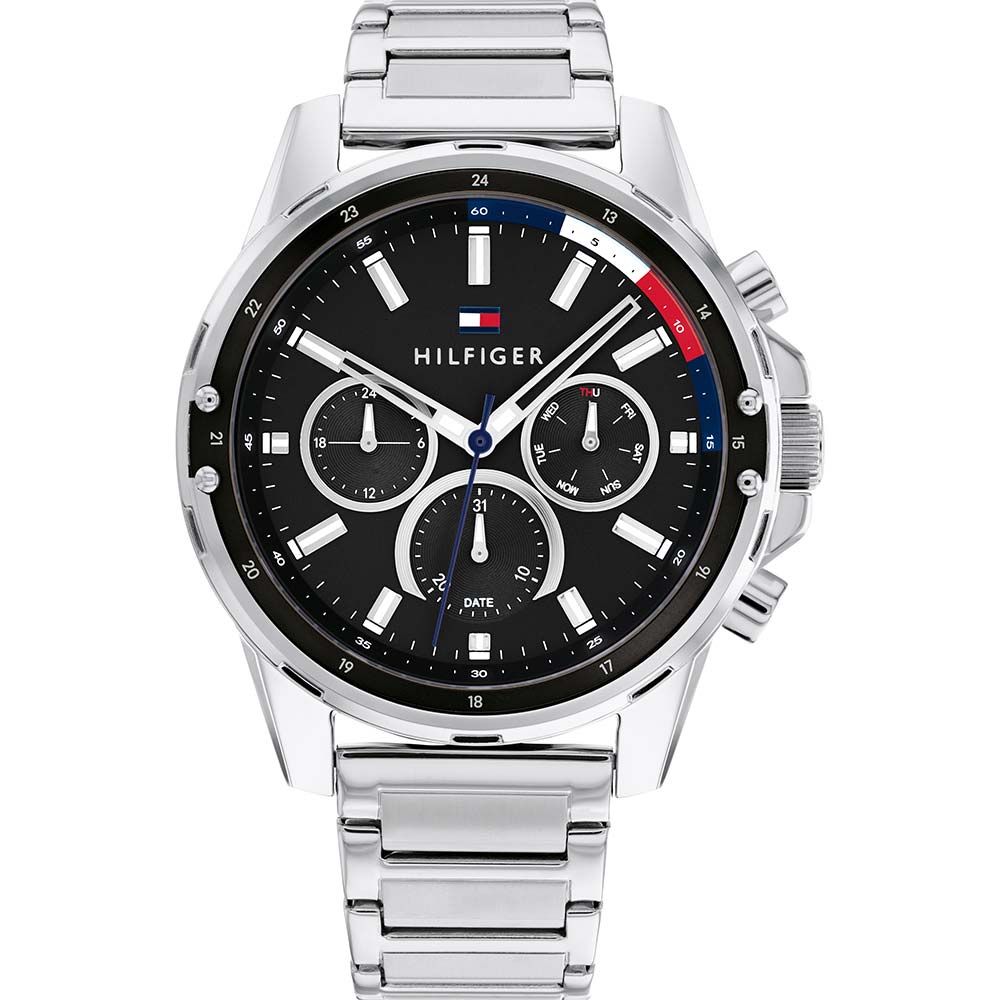 This Tommy Hilfiger Mason Multi Dial Watch for Men is the perfect timepiece to wear or to gift. It's Silver 45 mm Round case combined with the comfortable Silver Stainless steel watch band will ensure you enjoy this stunning timepiece without any compromise. Operated by a high quality Quartz movement and water resistant to 5 bars, your watch will keep ticking. This fashionable watch with numbers on the bezel is a perfect gift for New Year, birthday,valentine's day and so on-The watch has a calendar function: Day-Date, 24-hour Display High quality 21 cm length and 20 mm width Silver Stainless steel strap with a Fold over with push button clasp Case diameter: 45 mm,case thickness: 10 mm, case colour: Silver and dial colour: Black