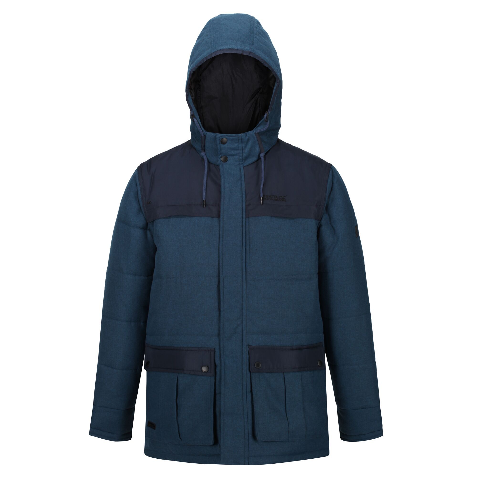 100% polyester micro poplin fabric. Water repellent coating. Thermo-guard insulation. Polyester taffeta lining. Internal security pocket, 1 chest pocket and 2 lower patch pockets with handwarmer pockets behind. Grown on hood with adjusters.
