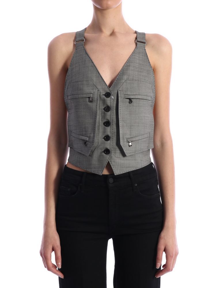 Waistcoat in wool grisaille, with suspenders and zip pockets on the front. Viscose insert on the back with adjustable waist strap. Button closure.The model is 1.82 cm tall and wears a size 40IT