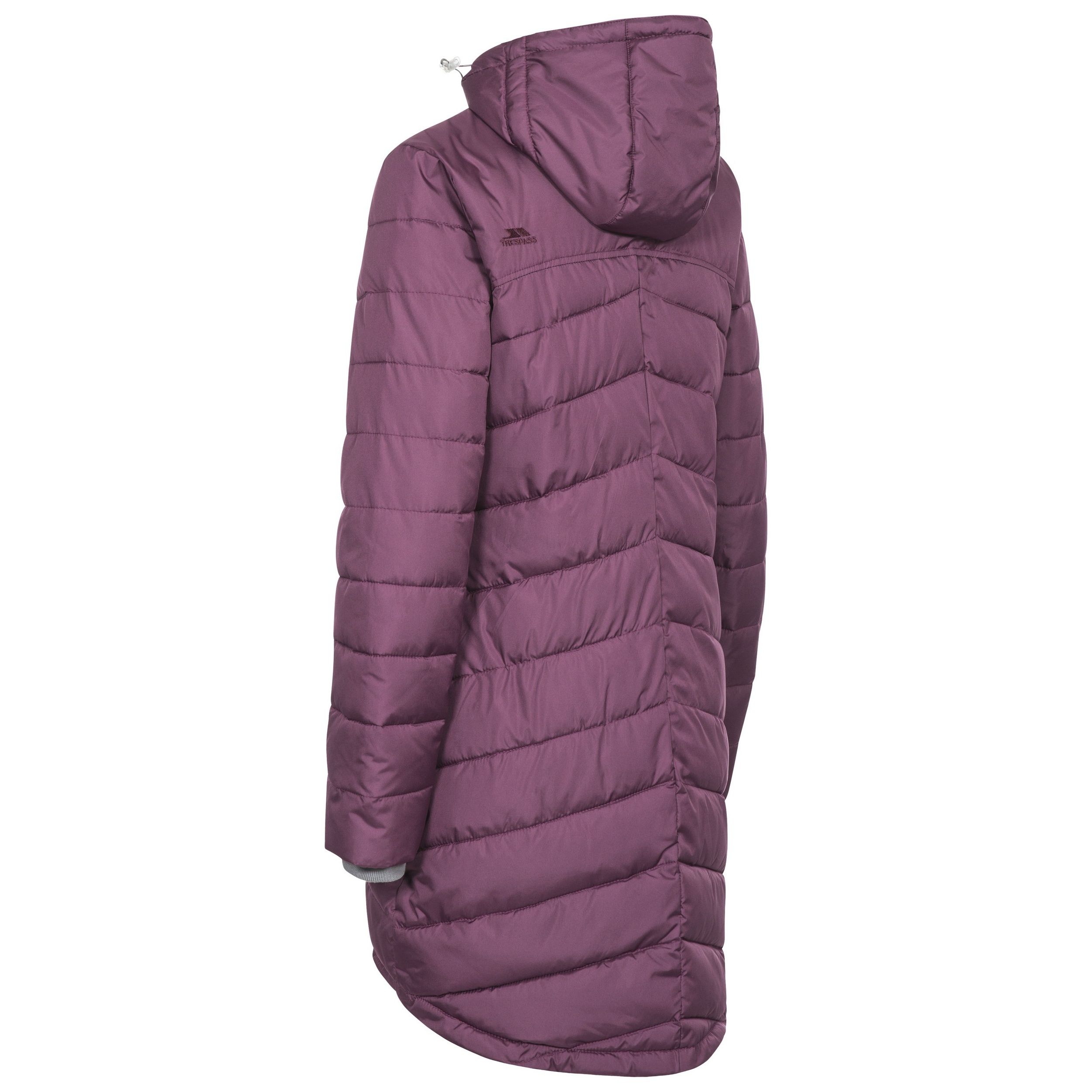 Adjustable zip off hood. Tricot lined collar. Knitted inner cuff. 2 double entry pockets. Tricot lined pocket bags. Shell: 100% Polyester, Lining: 100% Polyester, Filling: 100% Polyester. Trespass Womens Chest Sizing (approx): XS/8 - 32in/81cm, S/10 - 34in/86cm, M/12 - 36in/91.4cm, L/14 - 38in/96.5cm, XL/16 - 40in/101.5cm, XXL/18 - 42in/106.5cm.