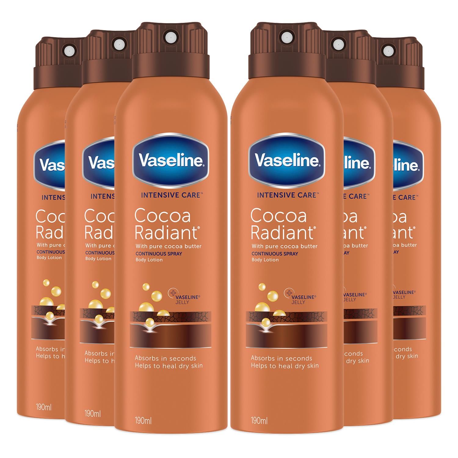 Vaseline Intensive Care Spray Moisturiser Cocoa Radiant 190 ml, 6 Pack