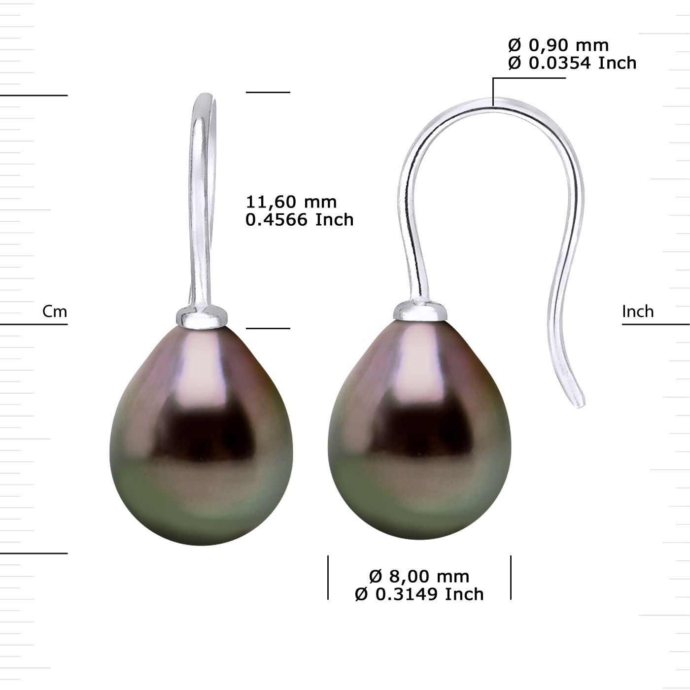 Earrings of 925 Sterling Silver and true Cultured Tahitian Pearl Pear Shape 8-9 mm , 0,31 in - Hook system - Our jewellery is made in France and will be delivered in a gift box accompanied by a Certificate of Authenticity and International Warranty