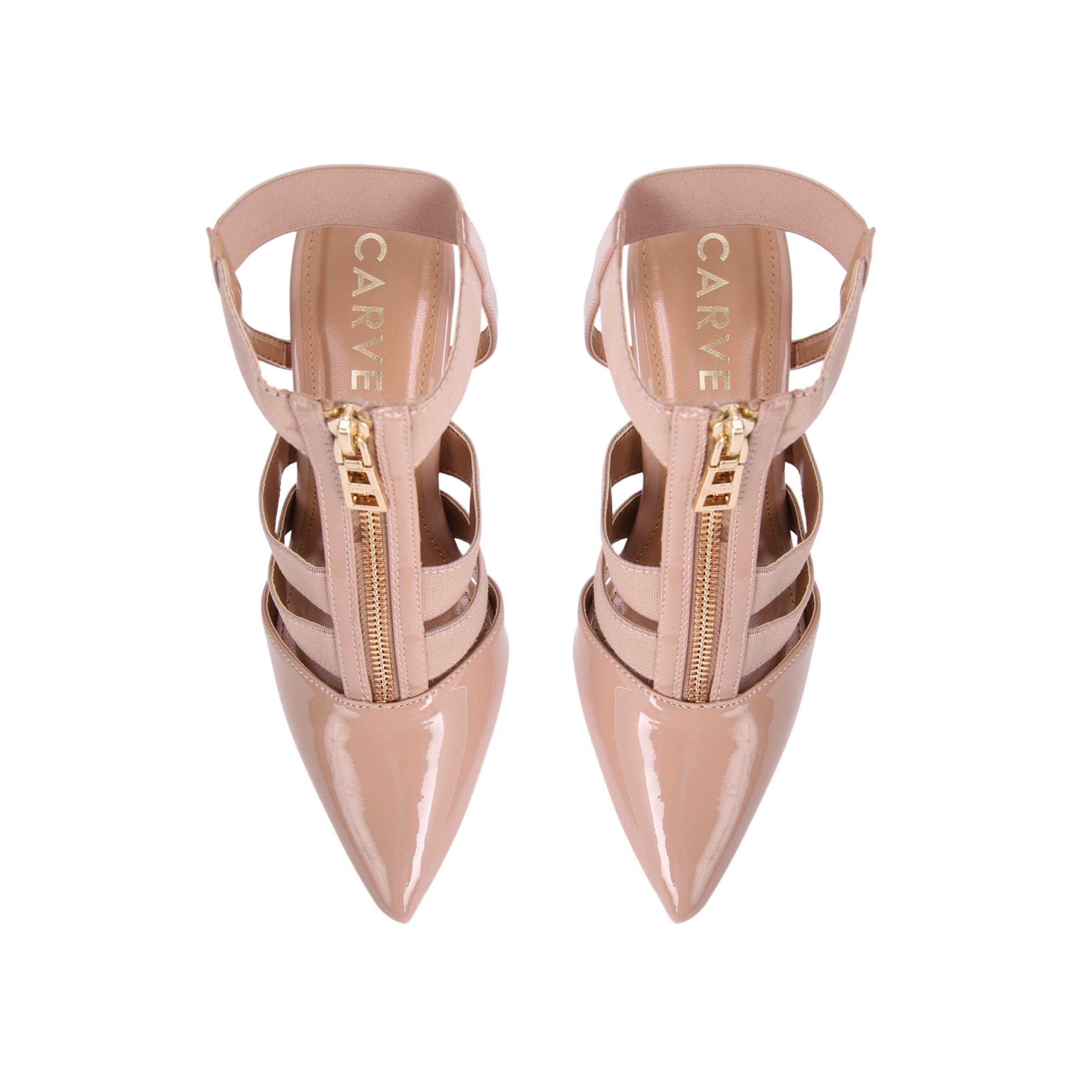 The Kunning Court heel features a caged upper in blush fabric with statement gold zip down the front. The toe is pointed with a stiletto heel. Heel height: 110mm.
