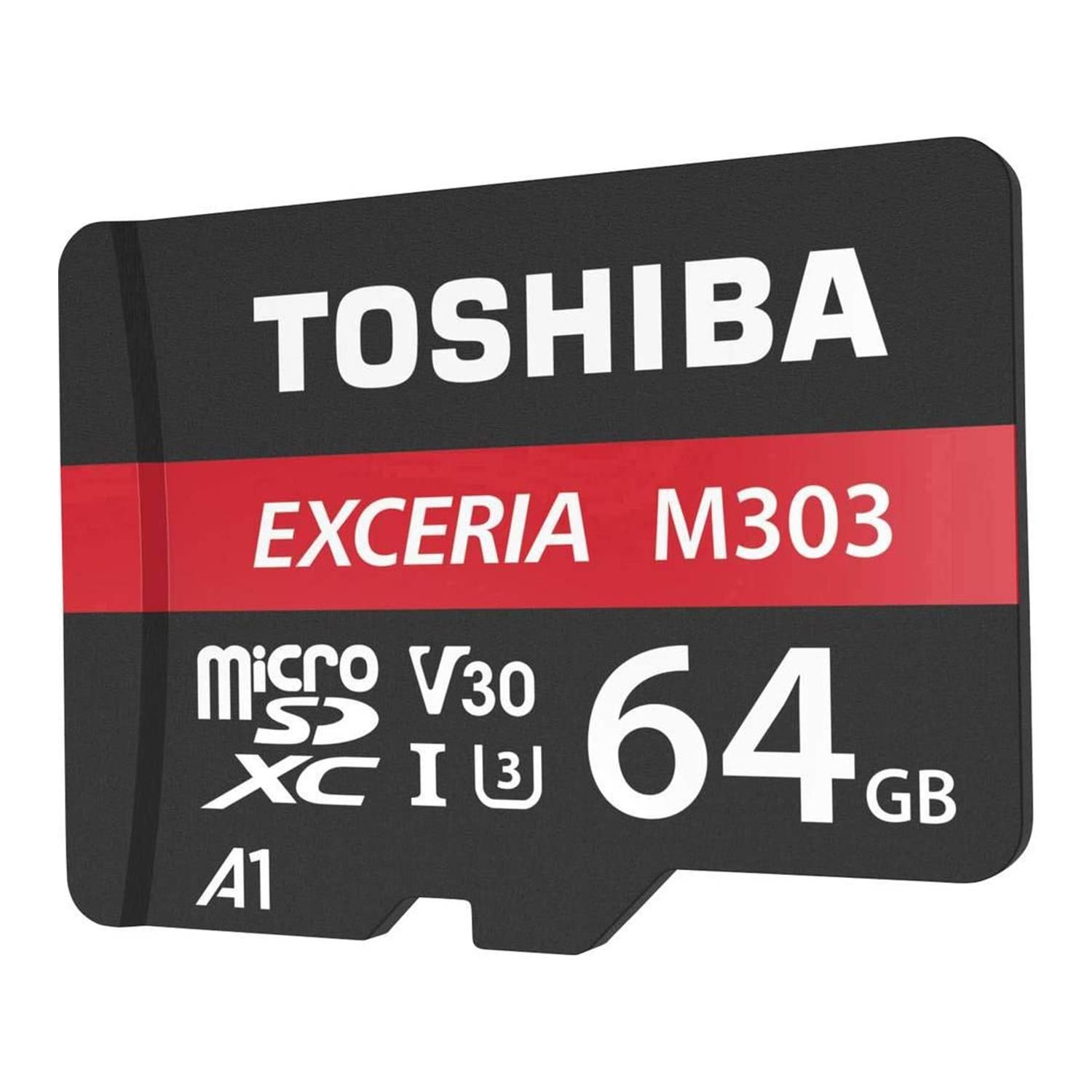 Toshiba M303 Memory Card 64GB microSDXC, 98 MB/s, Class 10, UHS-I, U3, V30, A1 with  Adapter 

Always in your pocket put the latest Toshiba SD Cards in your digital camera or your mobile device and expand your storage. Now you can take hundreds of pictures with your smartphone or store songs and videos.
Due to ultra-fast read speeds and large capacity, the Toshiba microSD card series is designed for 4K and Full HD video recording and rapid image capture. 

Features :
Specialized for 4K/full HD recording.
Designed for extreme environment usage.
Perfect for mobile devices.
Highly durable - waterproof (IPX7), shockproof and X-ray proof.

Specifications :
Package Dimension : 15x10x1cm Approx.
Read speed: Up to 90MB/s
Available capacities: 64GB
Note: Compatible with all devices supporting SDXC standards.

Package contains:1x Toshiba M303 Memory Card 64GB microSDXC, 98 MB/s, Class 10 with  Adapter 