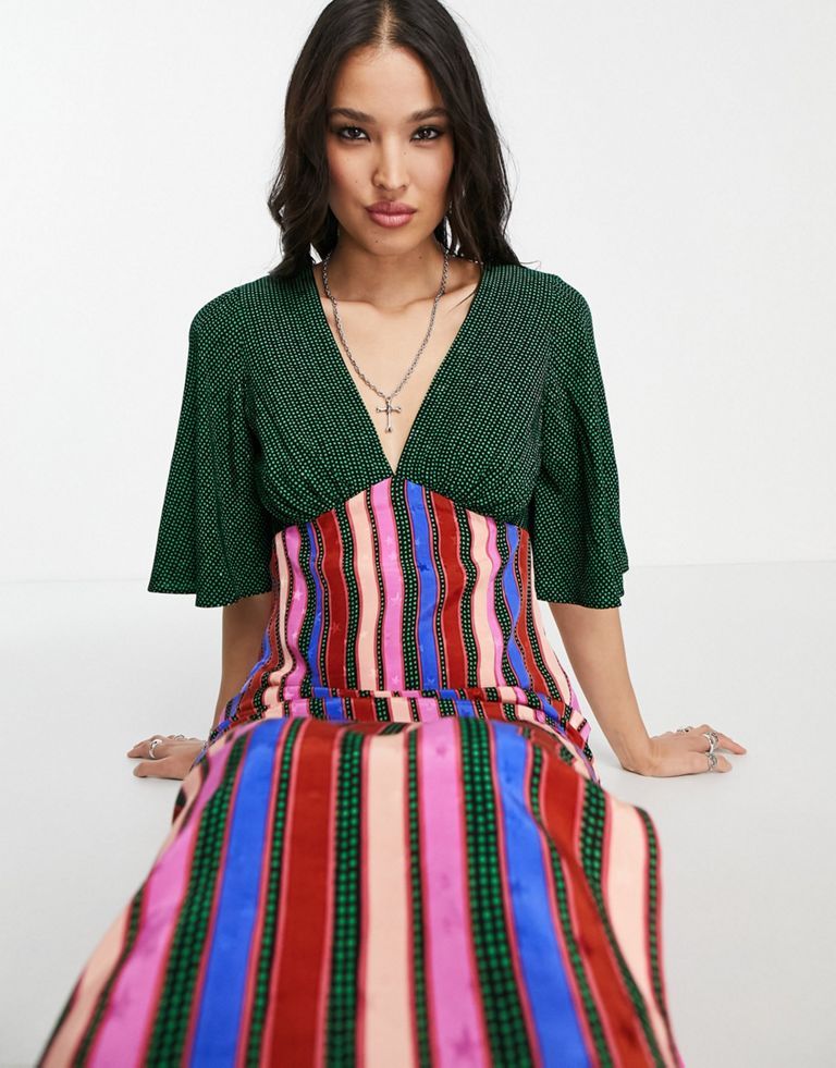 mix and match stripe angel sleeve midi dress in multi