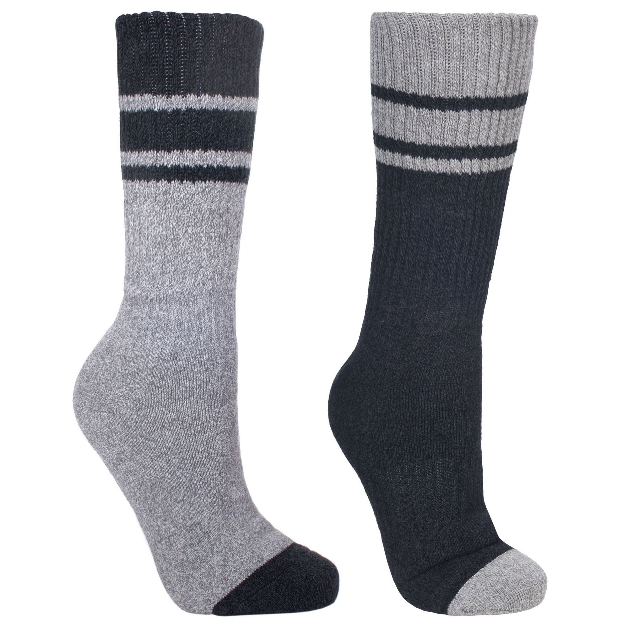 Mens two tone boot socks. Two pairs per pack. Tactel lining to prevent blisters. Choice of 2 sizes: UK 4-7, UK 7-11. Cotton 74%, Acrylic 16%, Polyamide 9%, Elastane 1%.