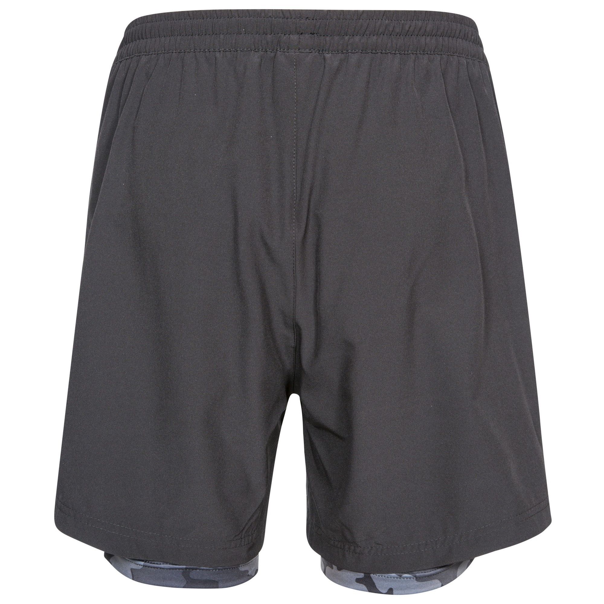Active shorts with inner drawcord at waist. Zip pocket. Reflective logos. Wicking. Quick dry. 90% polyester, 10% elastane. Trespass Mens Waist Sizing (approx): S - 32in/81cm, M - 34in/86cm, L - 36in/91.5cm, XL - 38in/96.5cm, XXL - 40in/101.5cm, XXXL - 42in/106.5cm.