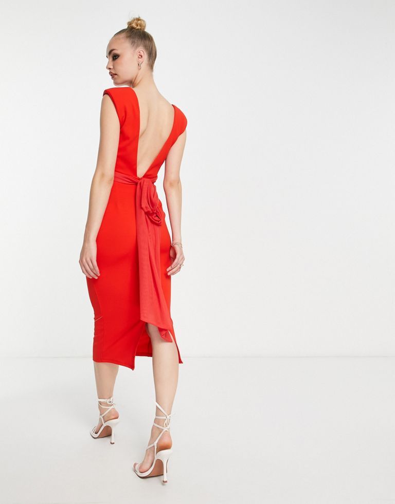 Asos Design Wrap Front Shoulder Pad Midi Dress In Hot Red