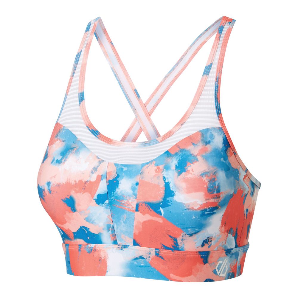 Low impact sports bra. Q-Wic lightweight polyester/ elastane fabric. Good wicking performance. Quick drying. Removable pads. Crossover double strap back design.