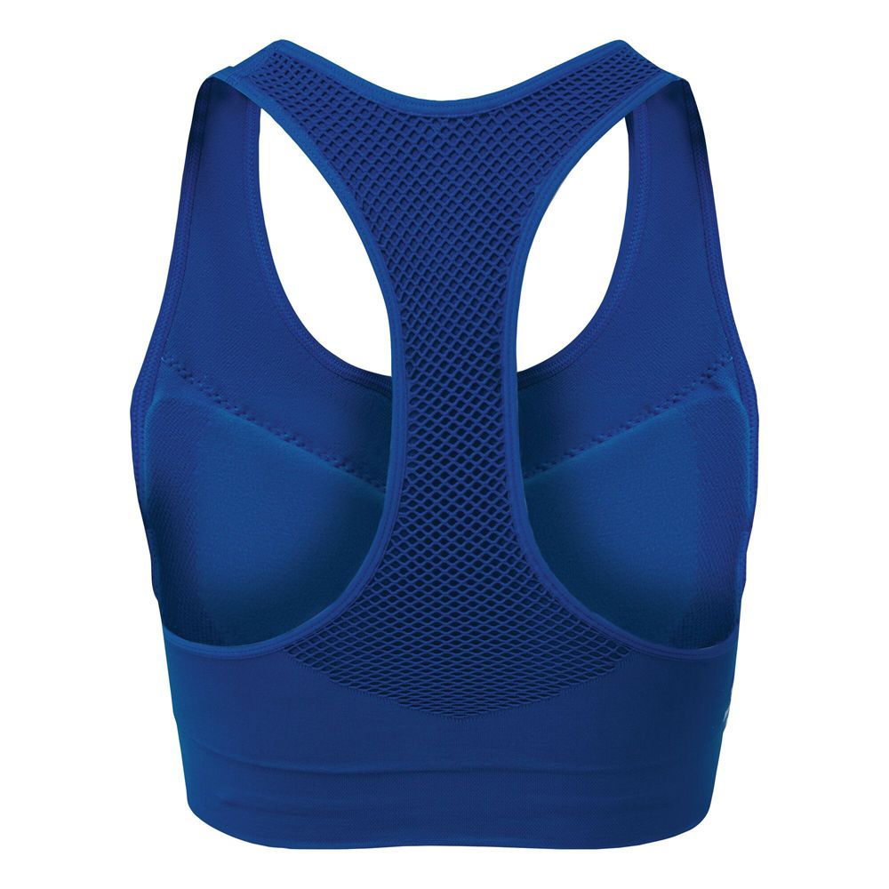 Medium impact sports bra. SeamSmart Technology. Q-Wic Plus Seamless nylon/ elastane or polyester/ elastane knitted fabric. Anti-bacterial odour control treatment. Good wicking performance. Quick drying. Removable pads. Racer back design. Marl options available.