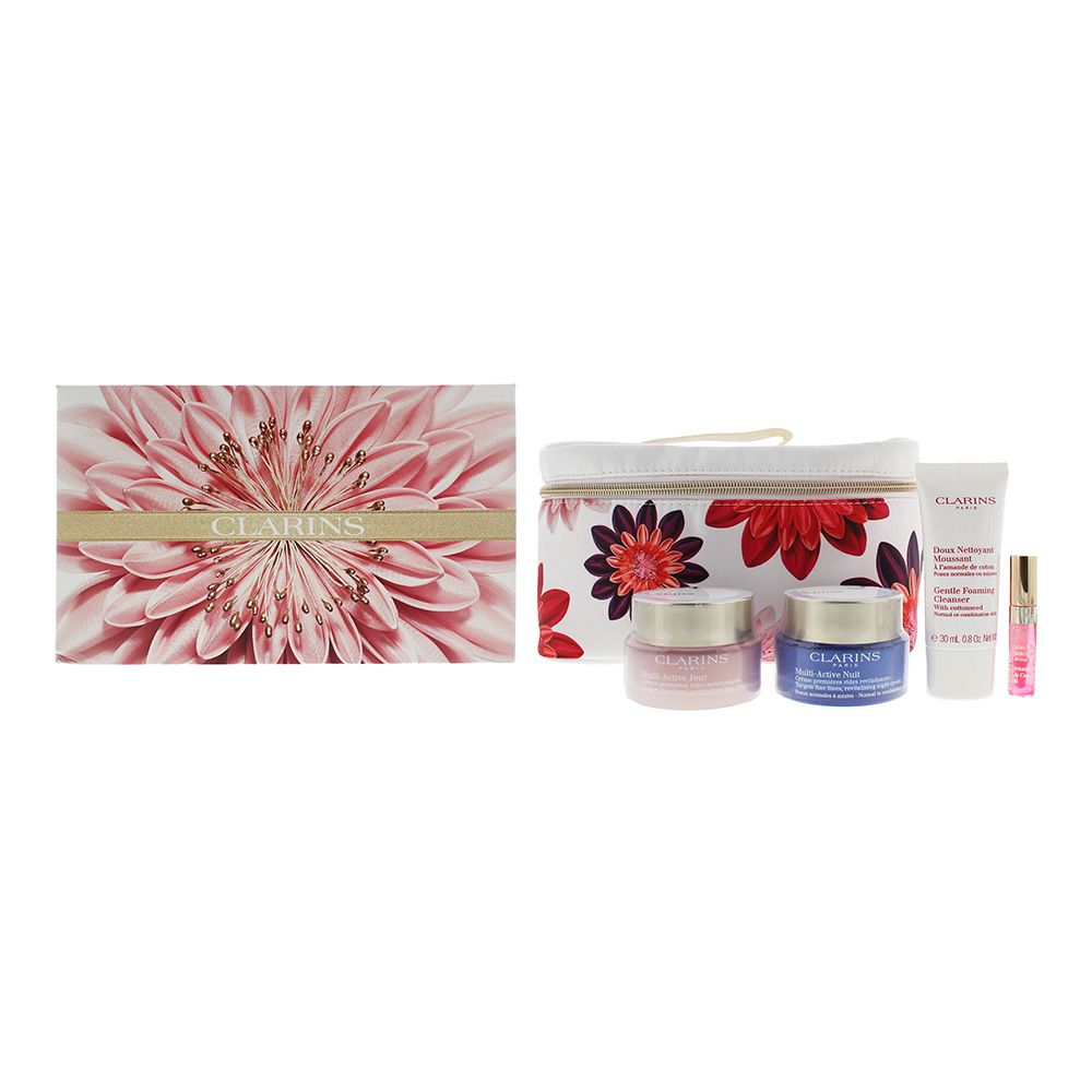 Clarins Multi-Active Luxury Collection 4 Piece Gift Set: Day Cream 50ml - Night Cream 50ml - Foaming Cleanser 30ml - Lip Oil 2.8ml 04 Candy