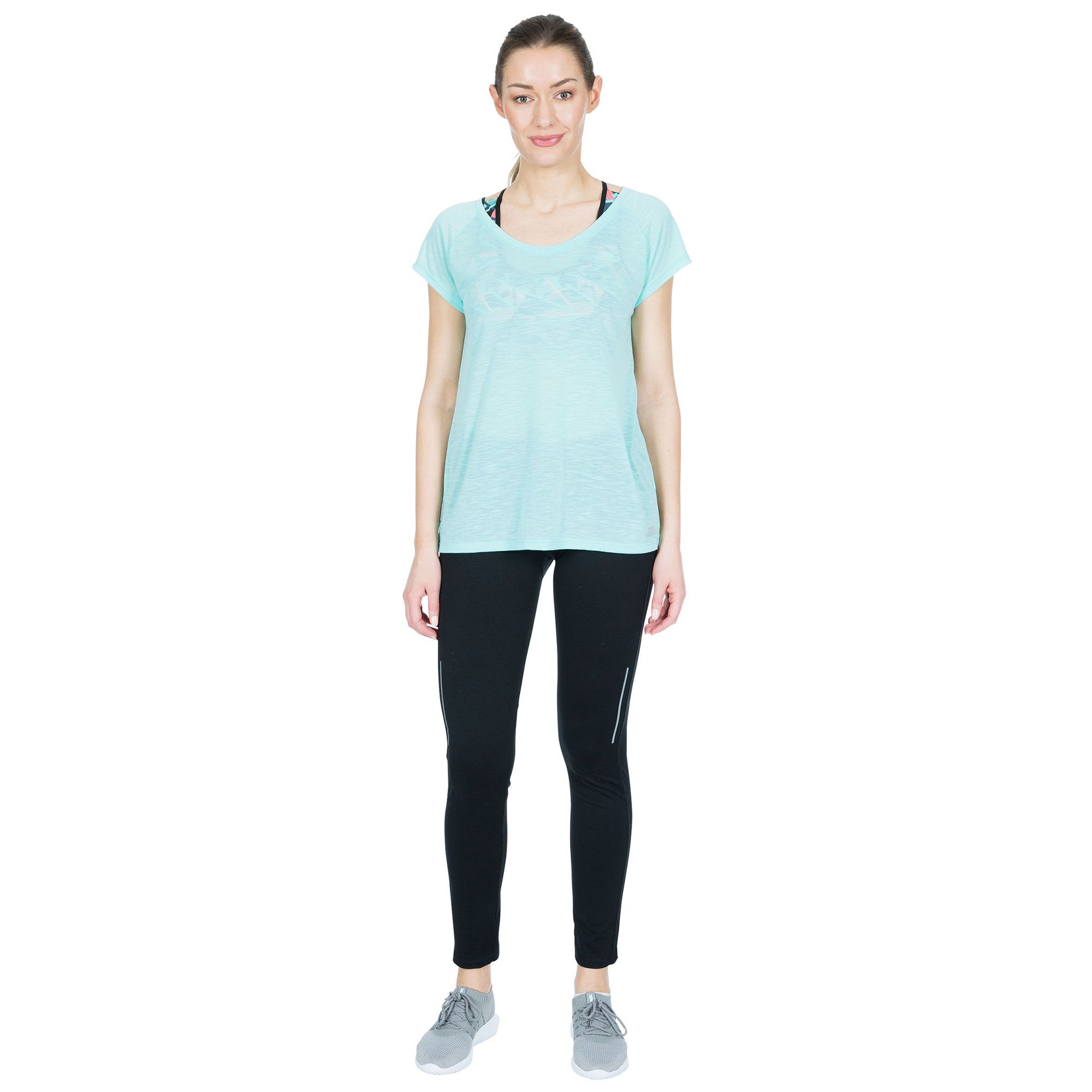 Short sleeve. Scooped neck. Relaxed fit. Contrast inner back neck binding. Reflective printed logos. Quick dry. 100% Polyester. Trespass Womens Chest Sizing (approx): XS/8 - 32in/81cm, S/10 - 34in/86cm, M/12 - 36in/91.4cm, L/14 - 38in/96.5cm, XL/16 - 40in/101.5cm, XXL/18 - 42in/106.5cm.